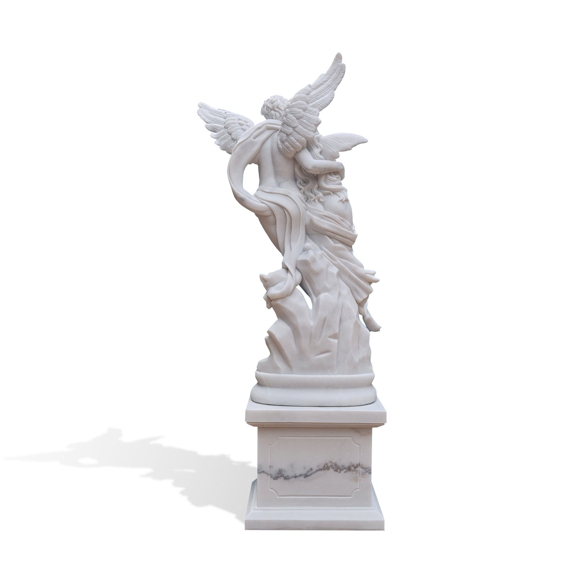 Back view of the Psyche Revived by Cupid’s Kiss marble sculpture replica showing Cupid’s detailed wings, flowing drapery and classical marble pedestal