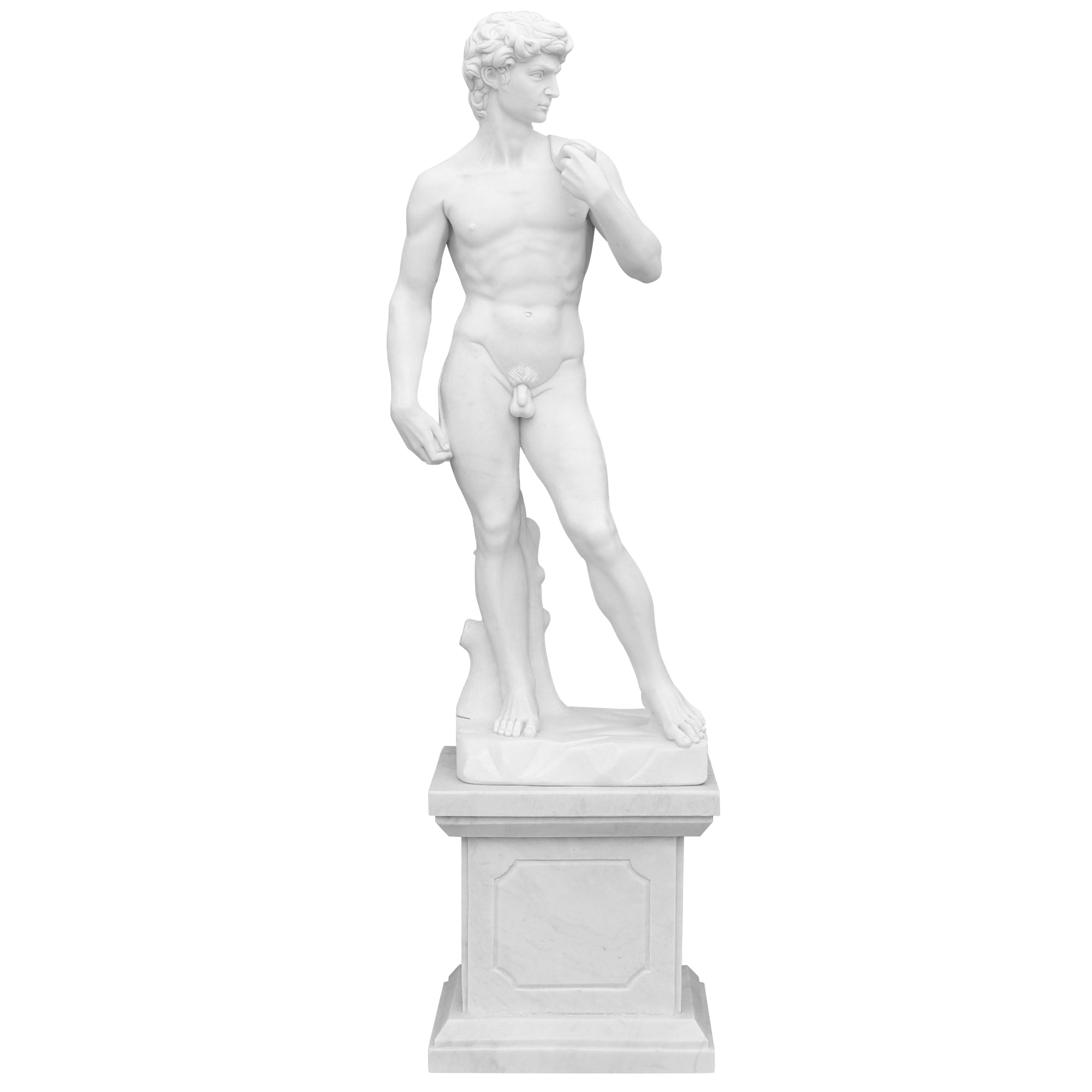 Replica of Michelangelo's David statue in marble with pedestal