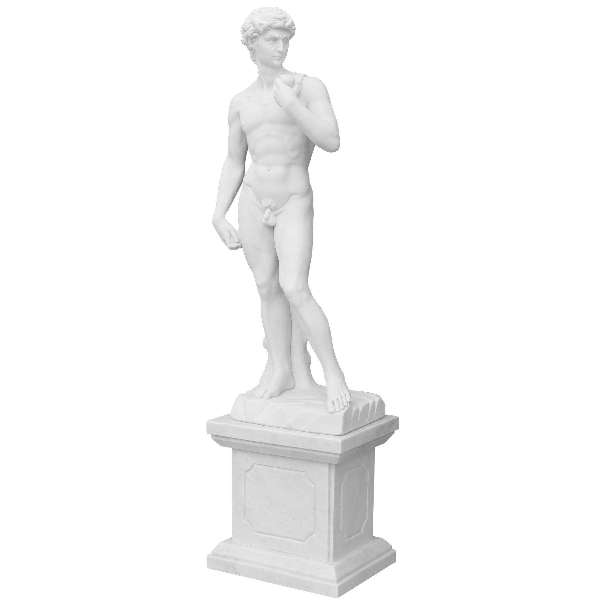 Replica of Michelangelo's David statue in marble with pedestal