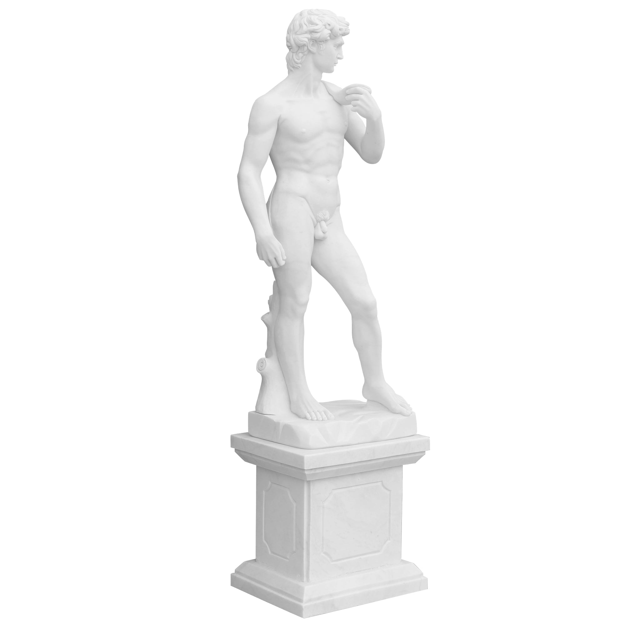 Replica of Michelangelo's David statue in marble with pedestal