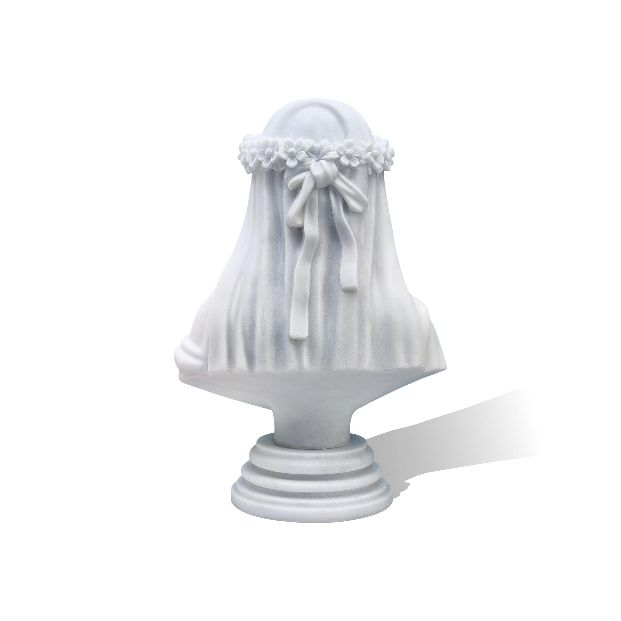 White marble veiled lady bust, back view with floral crown ribbon, fine classical artwork for decoration.