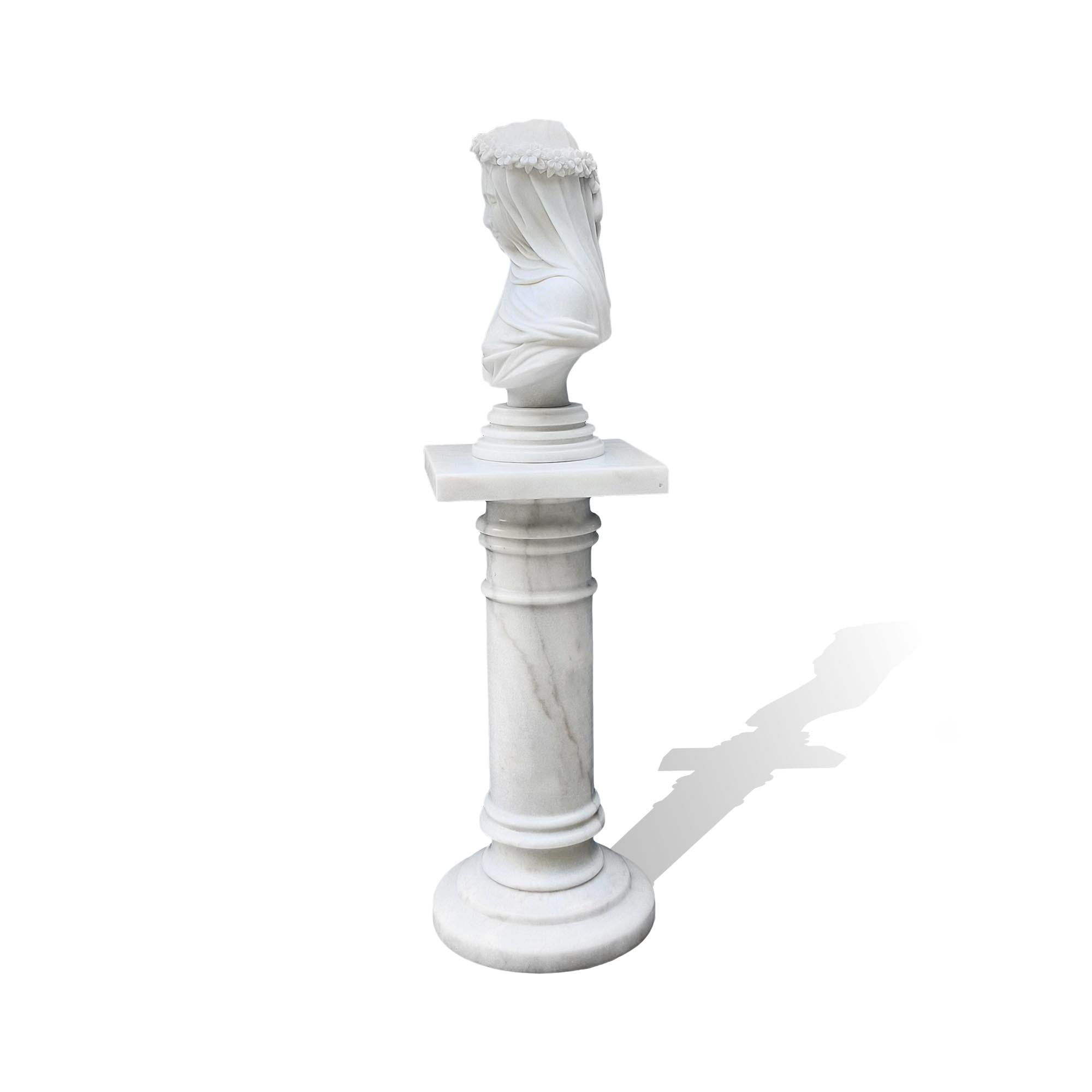 White marble veiled lady bust, left side view, detailed classical sculpture for art collection and decoration.