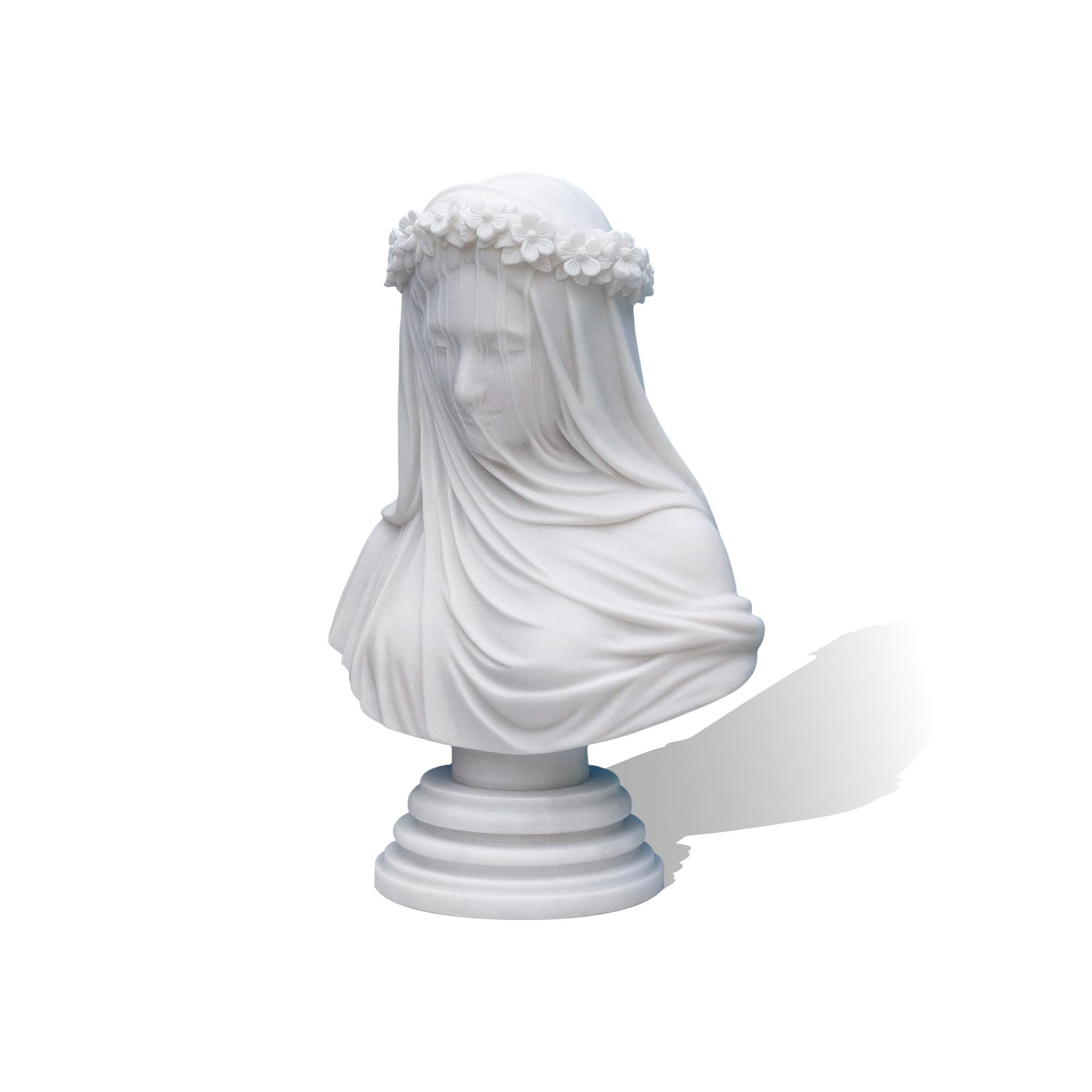 White marble veiled lady bust, close-up front view, delicate handcrafted sculpture for collectors.