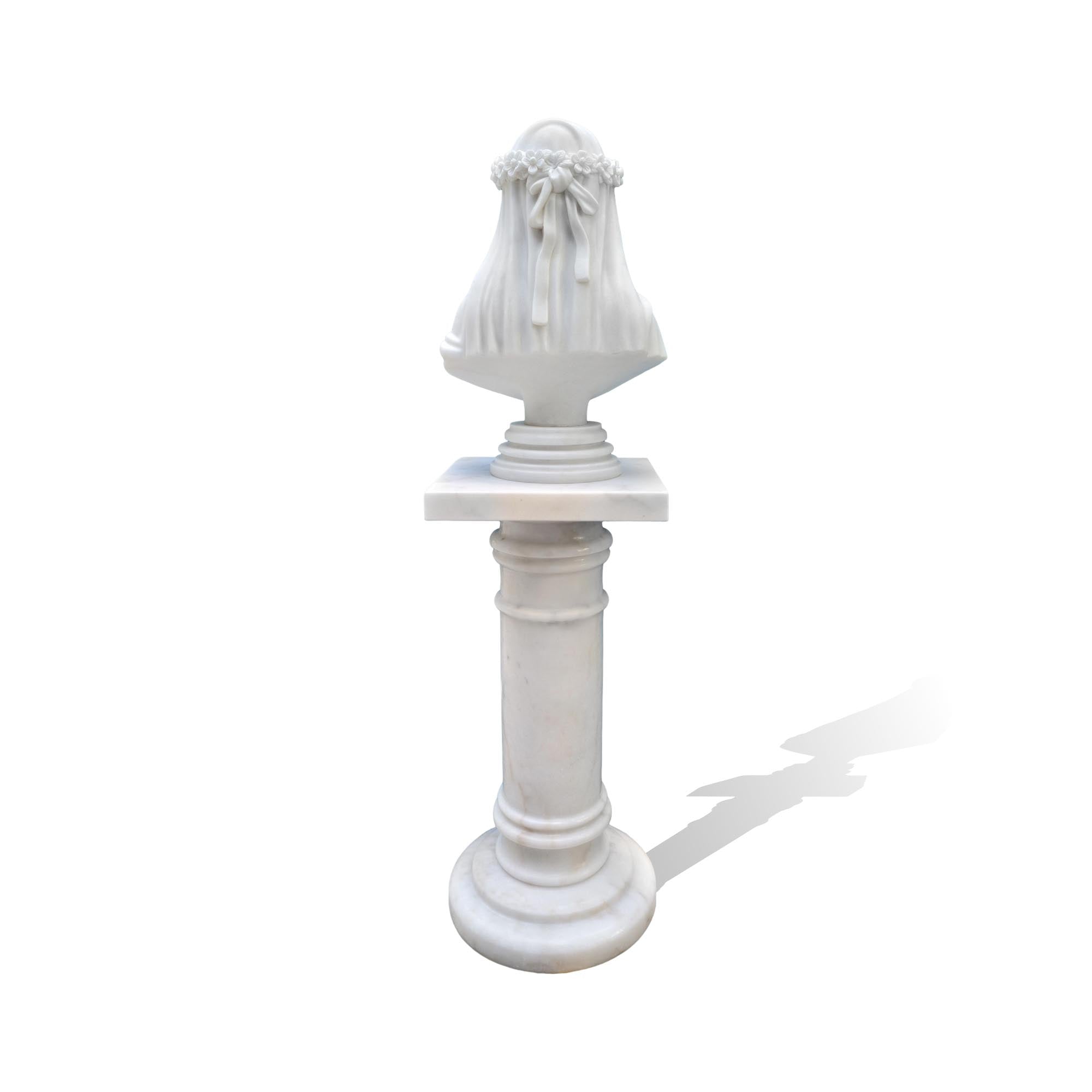 Marble veiled lady bust sculpture with pedestal, back view, handcrafted classical art statue for luxury interior design.
