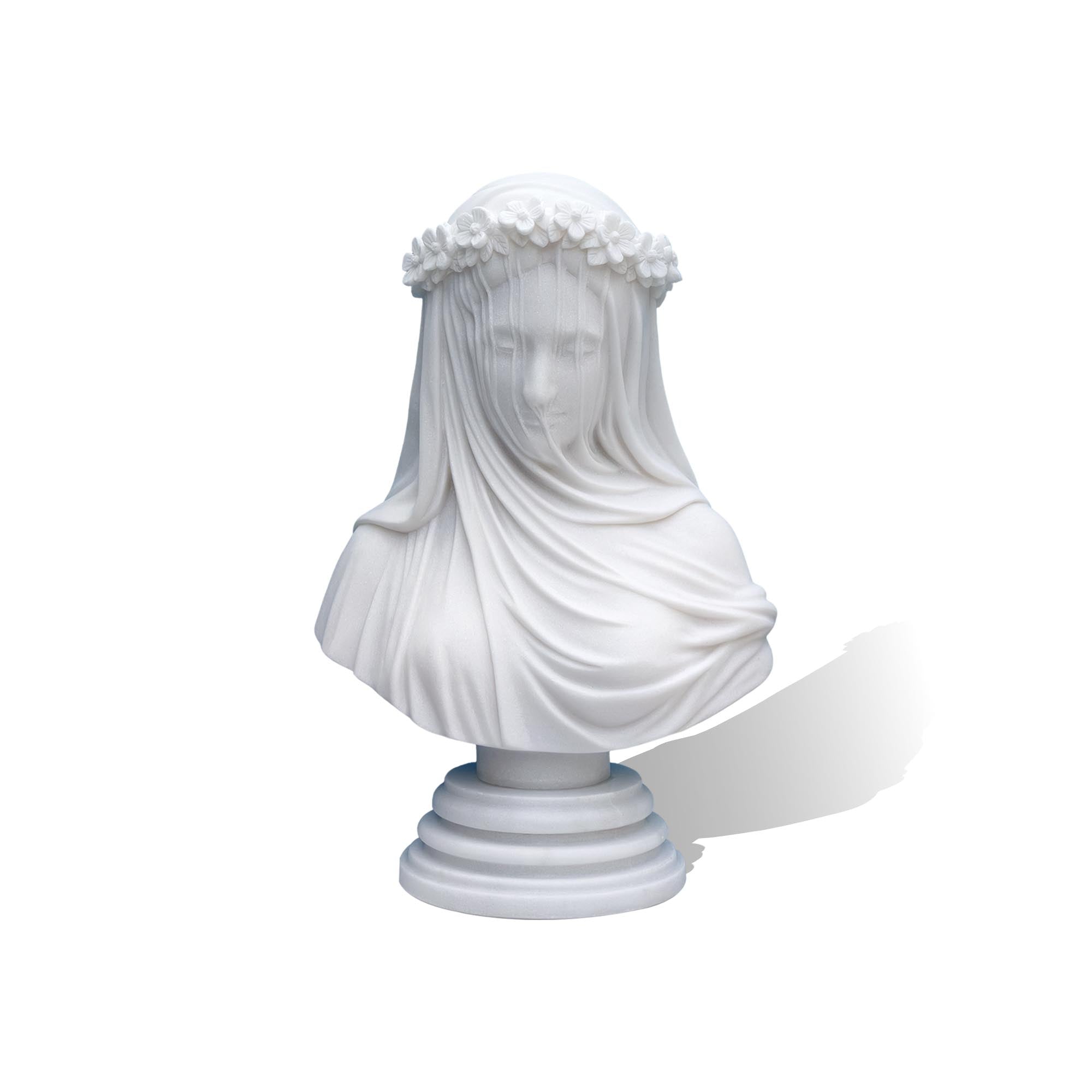 Classical marble veiled lady bust on pedestal, front angle, handmade stone statue for elegant interior.