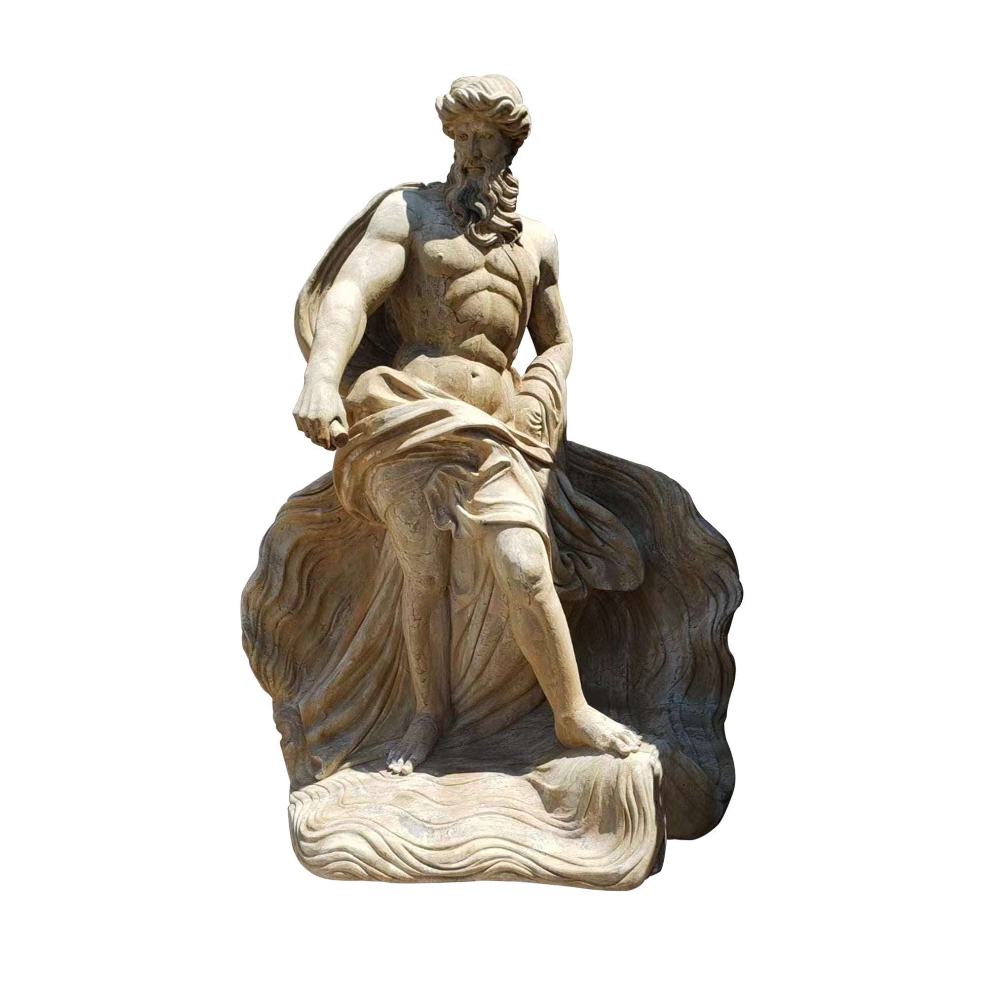 Life-size marble statue of Neptune/Poseidon in a dynamic pose with flowing robes