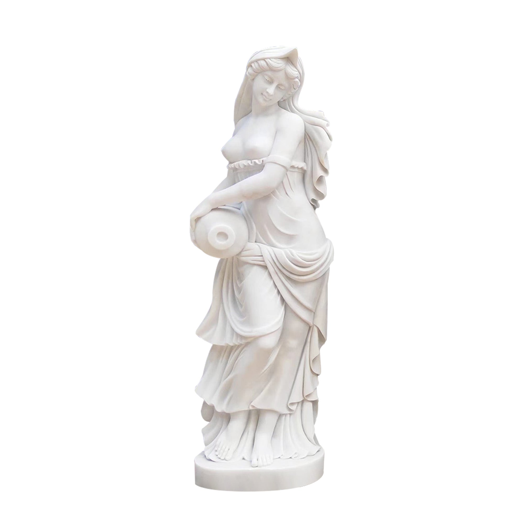 Marble statue of a Greek water maiden holding an amphora, with flowing robes