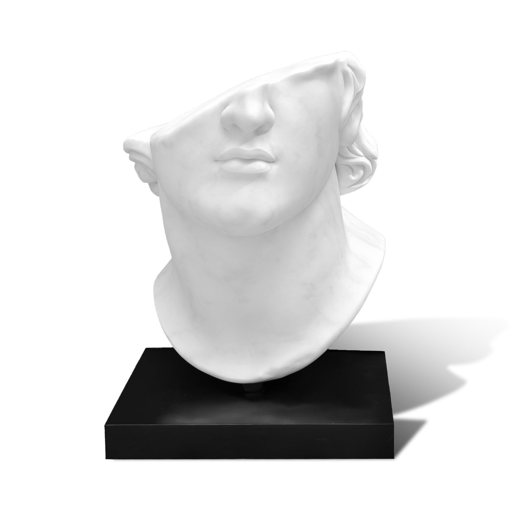 White marble sculpture of a face on a black base against a white background