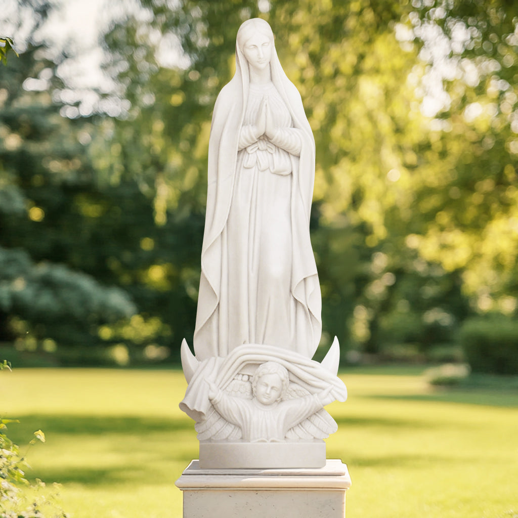 Marble statue of Our Lady of Grace standing in prayer over an angel, display outdoor garden