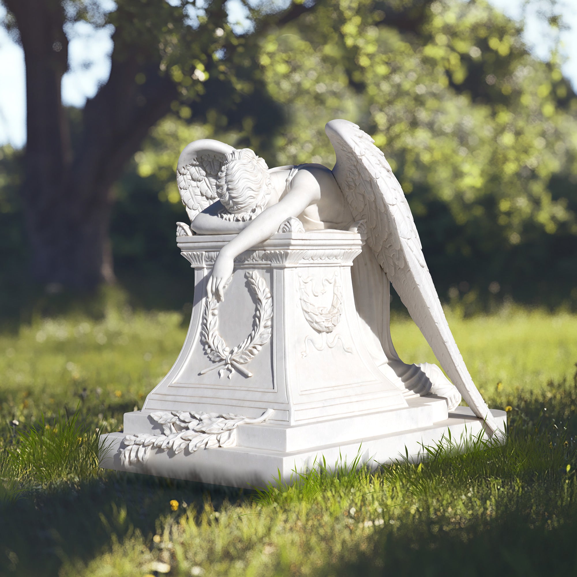 Memorial angel sculpture marble statue featuring a mourning angel, perfect for memorial gardens and cemeteries.