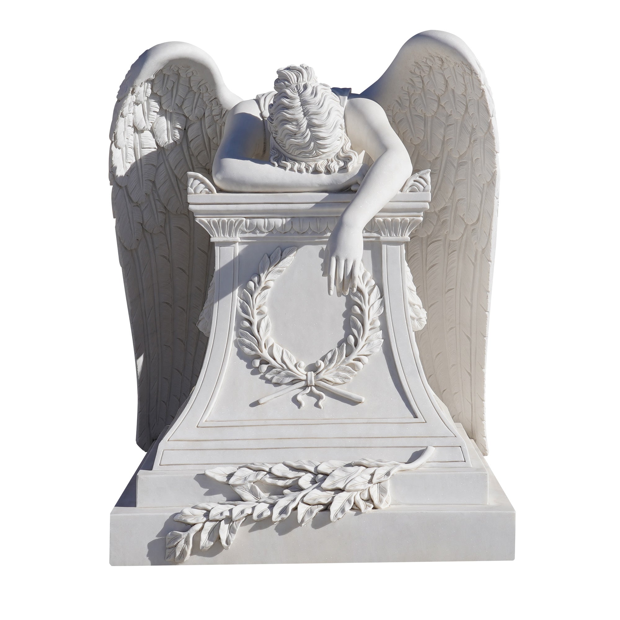 Custom Large Size Memorial angel sculpture marble statue featuring a mourning angel with natural white marble