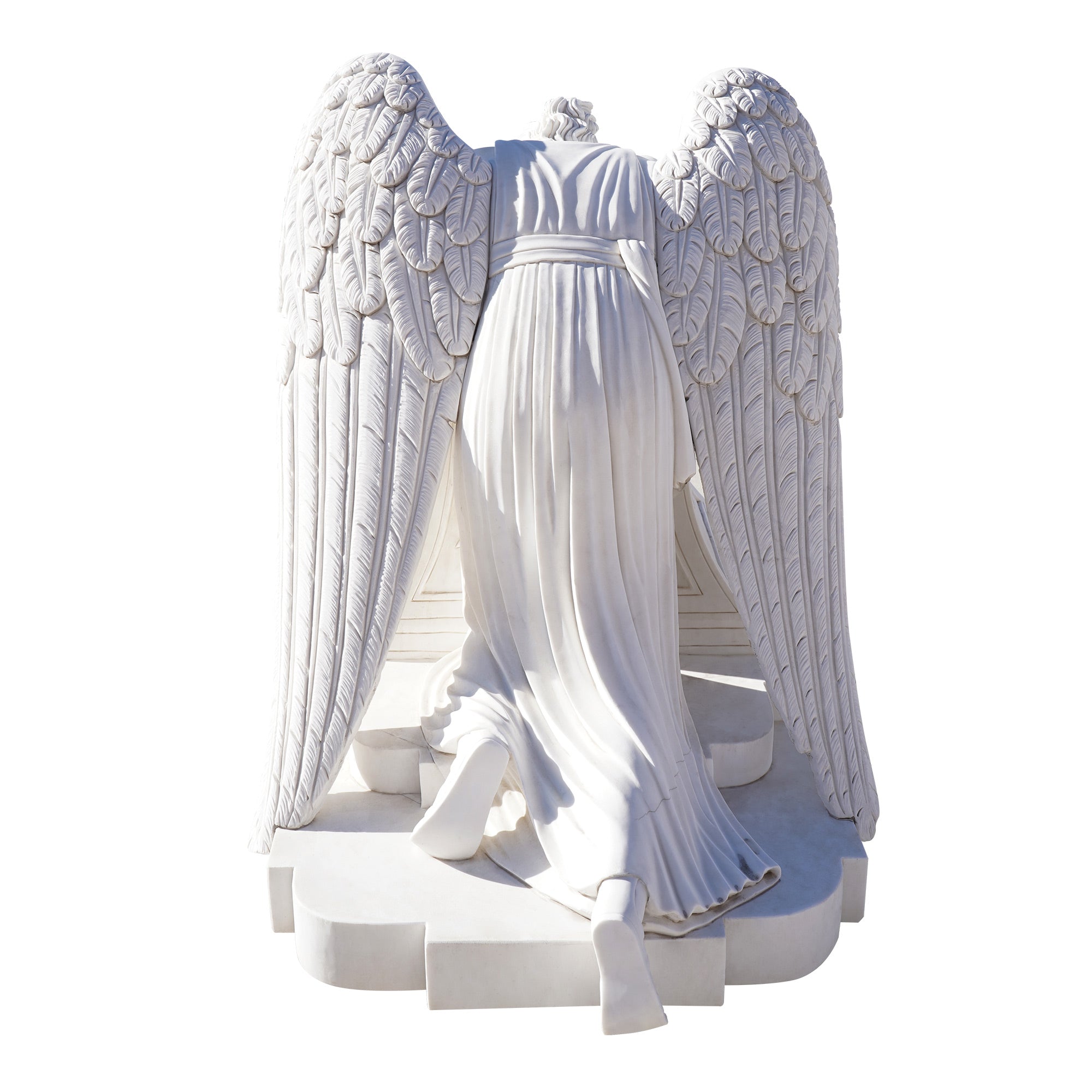 Custom Large Size Memorial angel sculpture marble statue featuring a mourning angel with natural white marble the back view