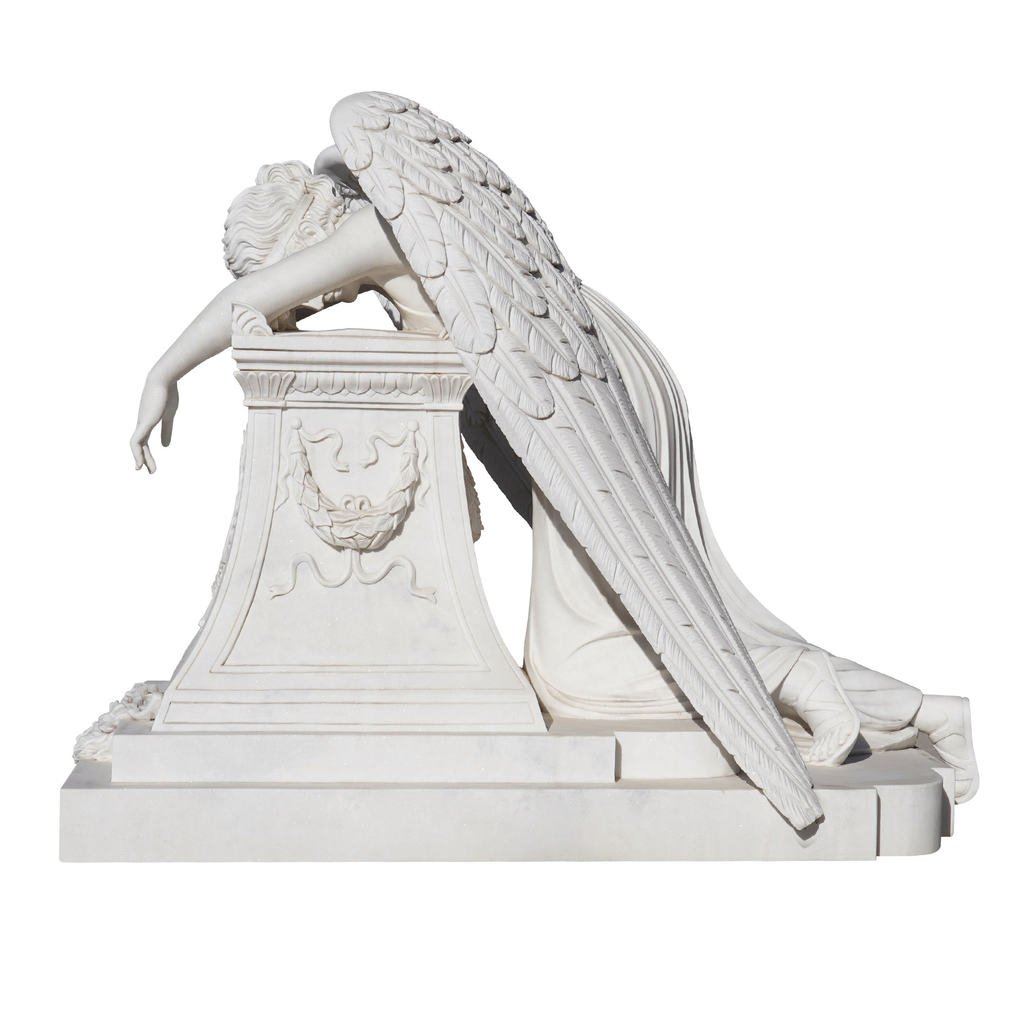 Custom Large Size Memorial angel sculpture marble statue featuring a mourning angel with natural white marble size view