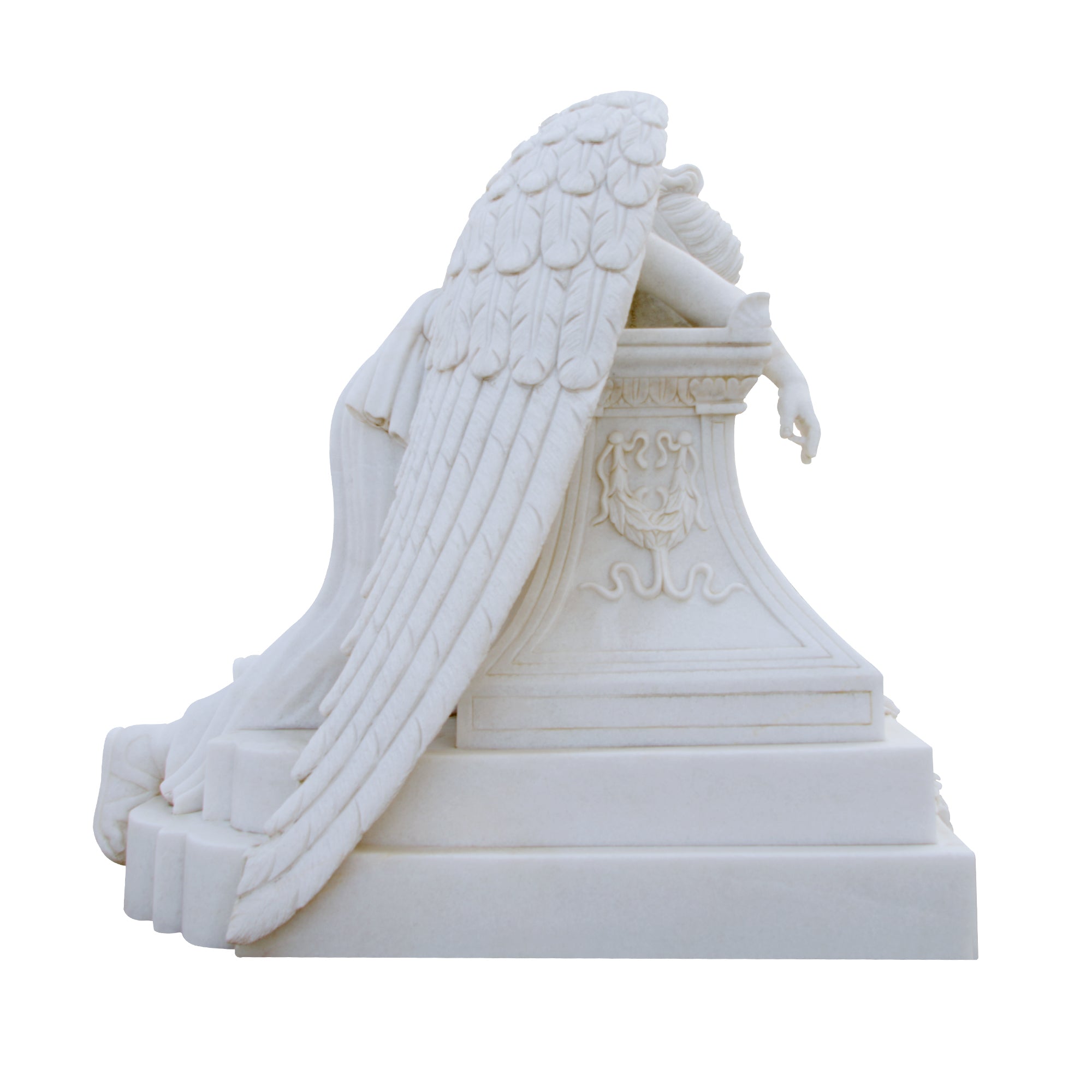 Custom Large Size Memorial angel sculpture marble statue featuring a mourning angel with natural white marble side view