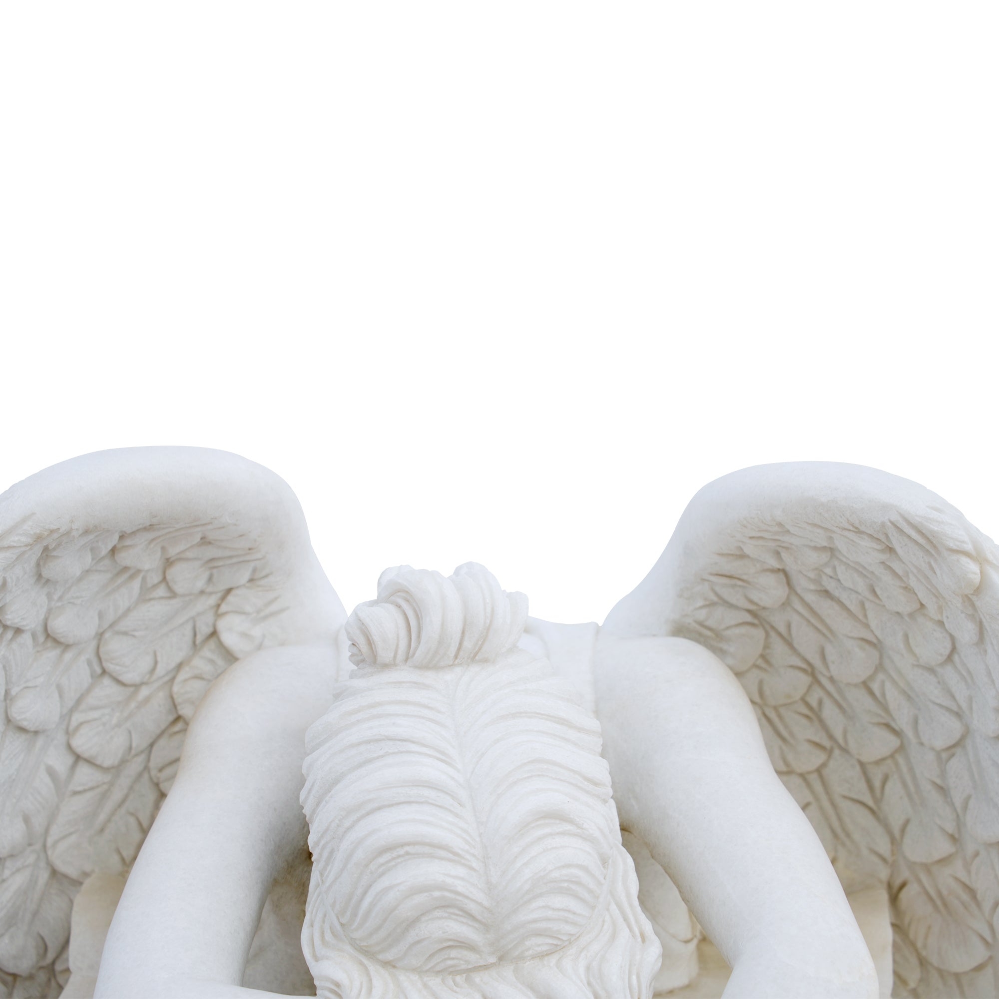 Custom Large Size Memorial angel sculpture marble statue featuring a mourning angel with natural white marble headshot
