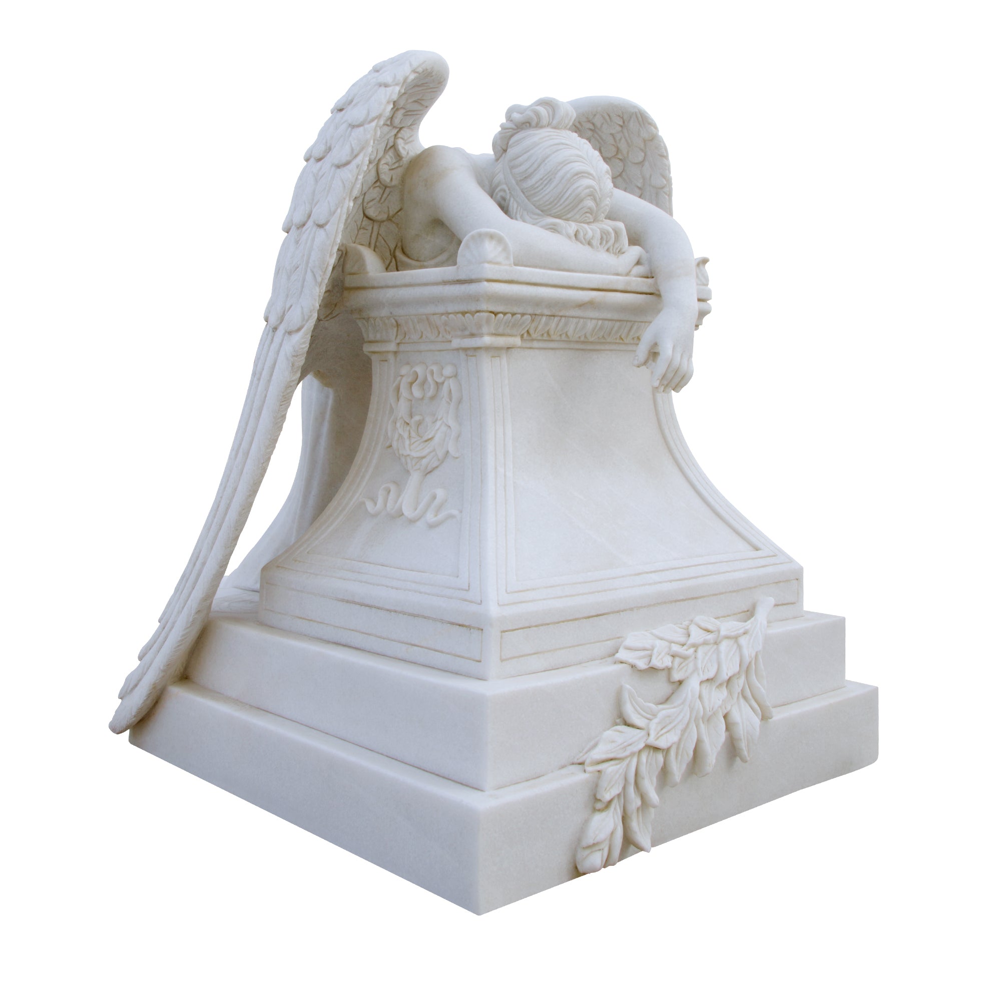 Custom Large Size Memorial angel sculpture marble statue featuring a mourning angel with natural white marble