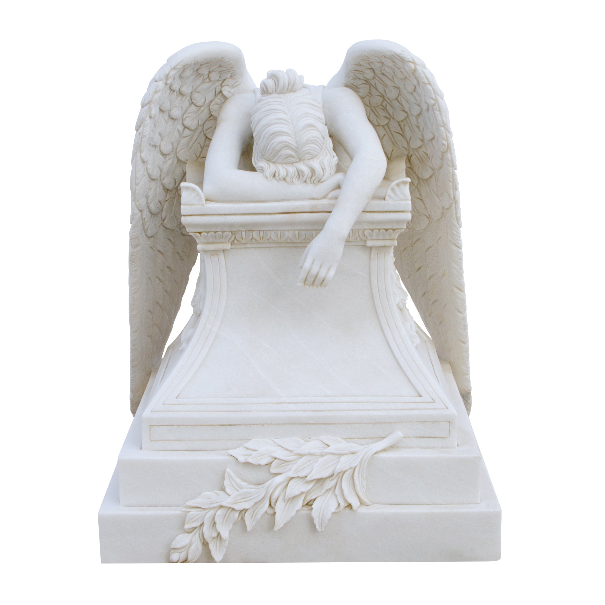 Custom Large Size Memorial angel sculpture marble statue featuring a mourning angel with natural white marble