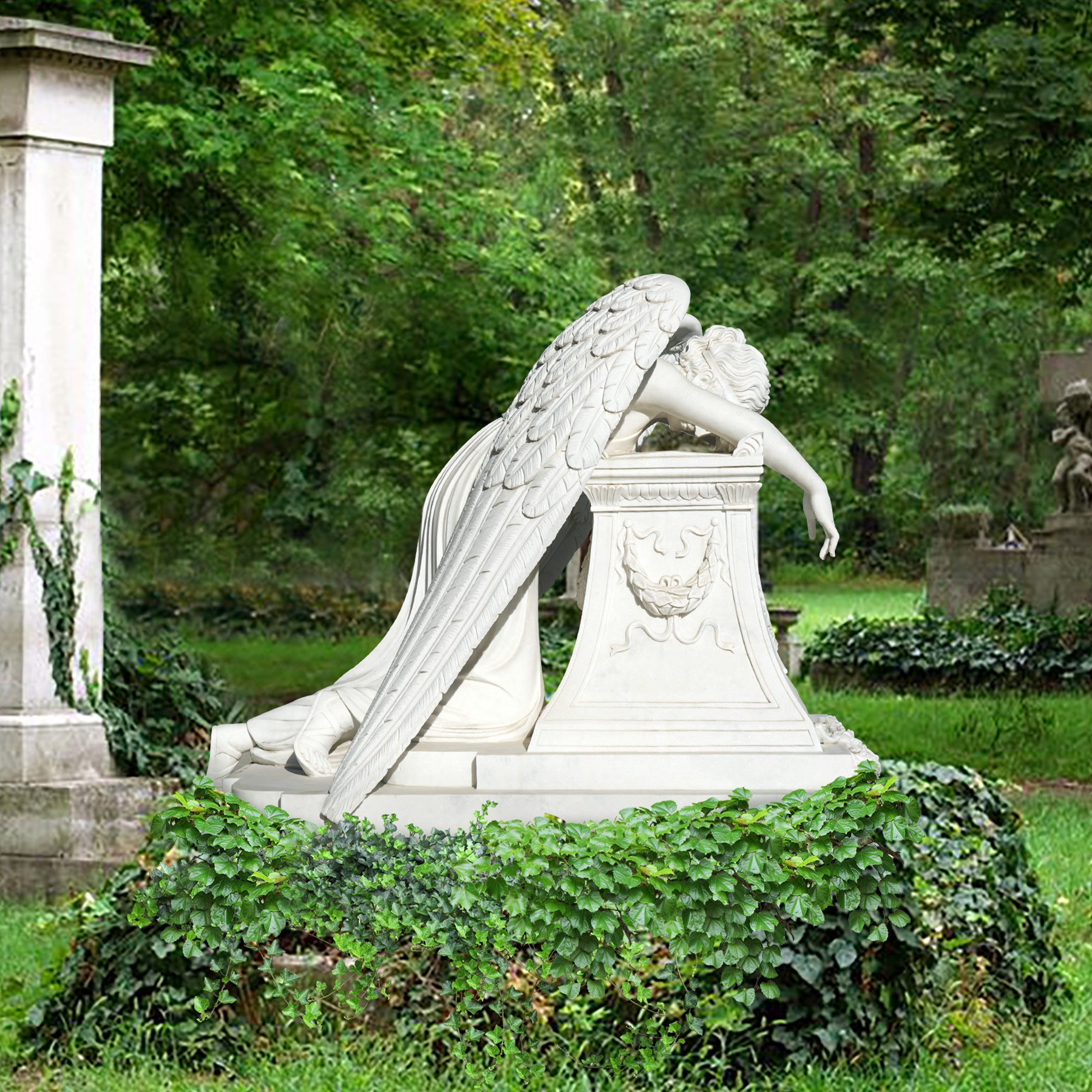 Custom Memorial angel sculpture marble statue featuring a mourning angel, in memorial garden.