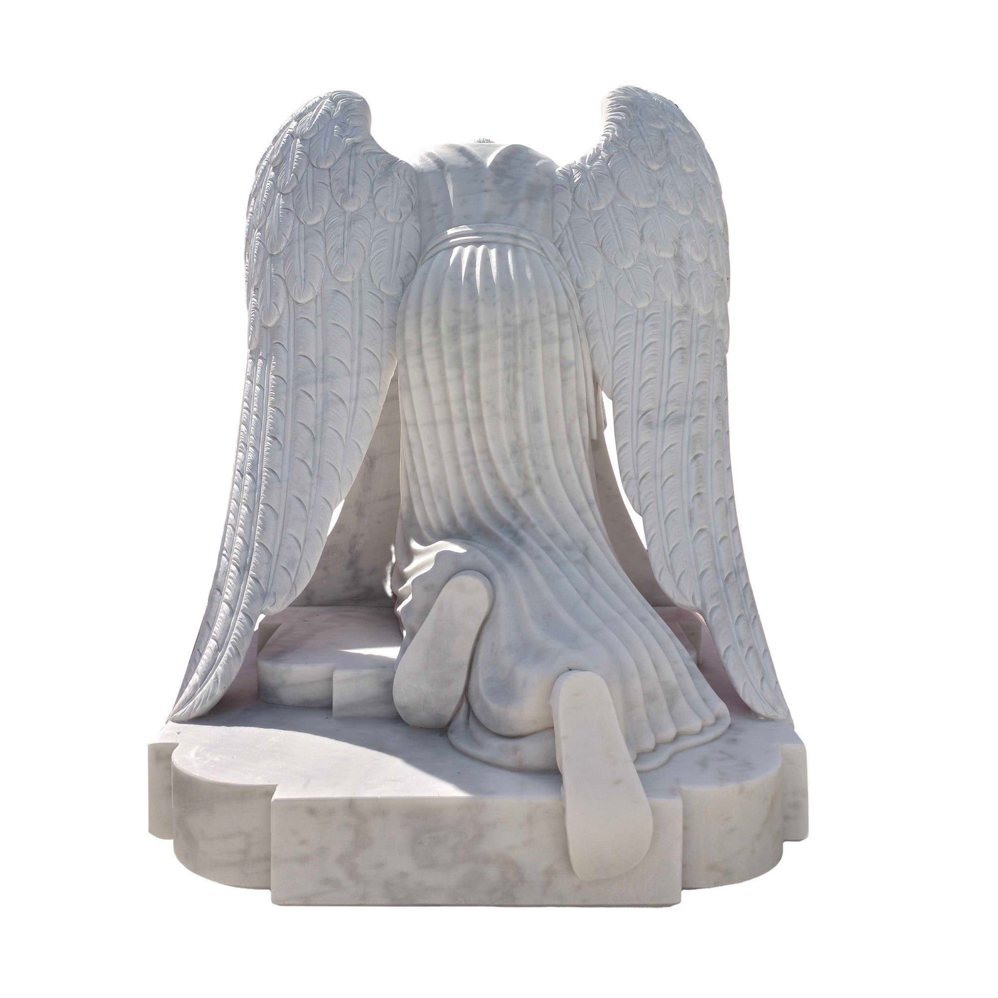 Stock marble angel sculpture with intricate feathered wings, measuring 78.7W x 60H x 47.3D, perfect for memorial and tribute settings