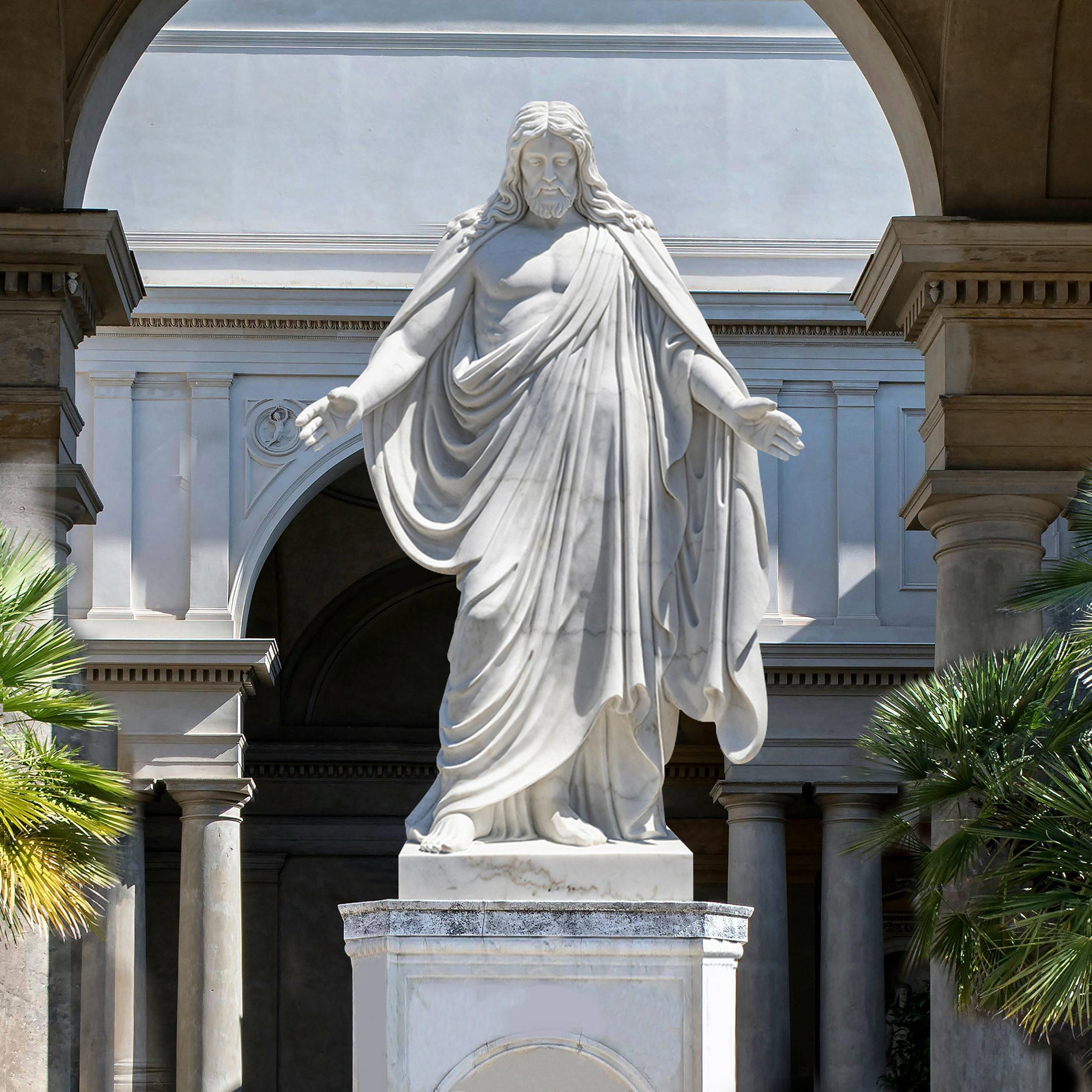 Custom life-size natural white marble Jesus Christ statue with outstretched arms, symbolizing peace, love, and divine grace for religious spaces.