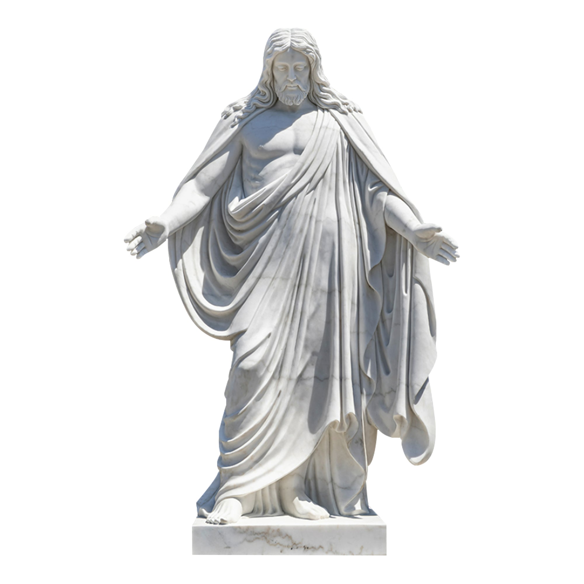 Custom life-size natural white marble Jesus Christ statue with outstretched arms, symbolizing peace, love, and divine grace for religious spaces.