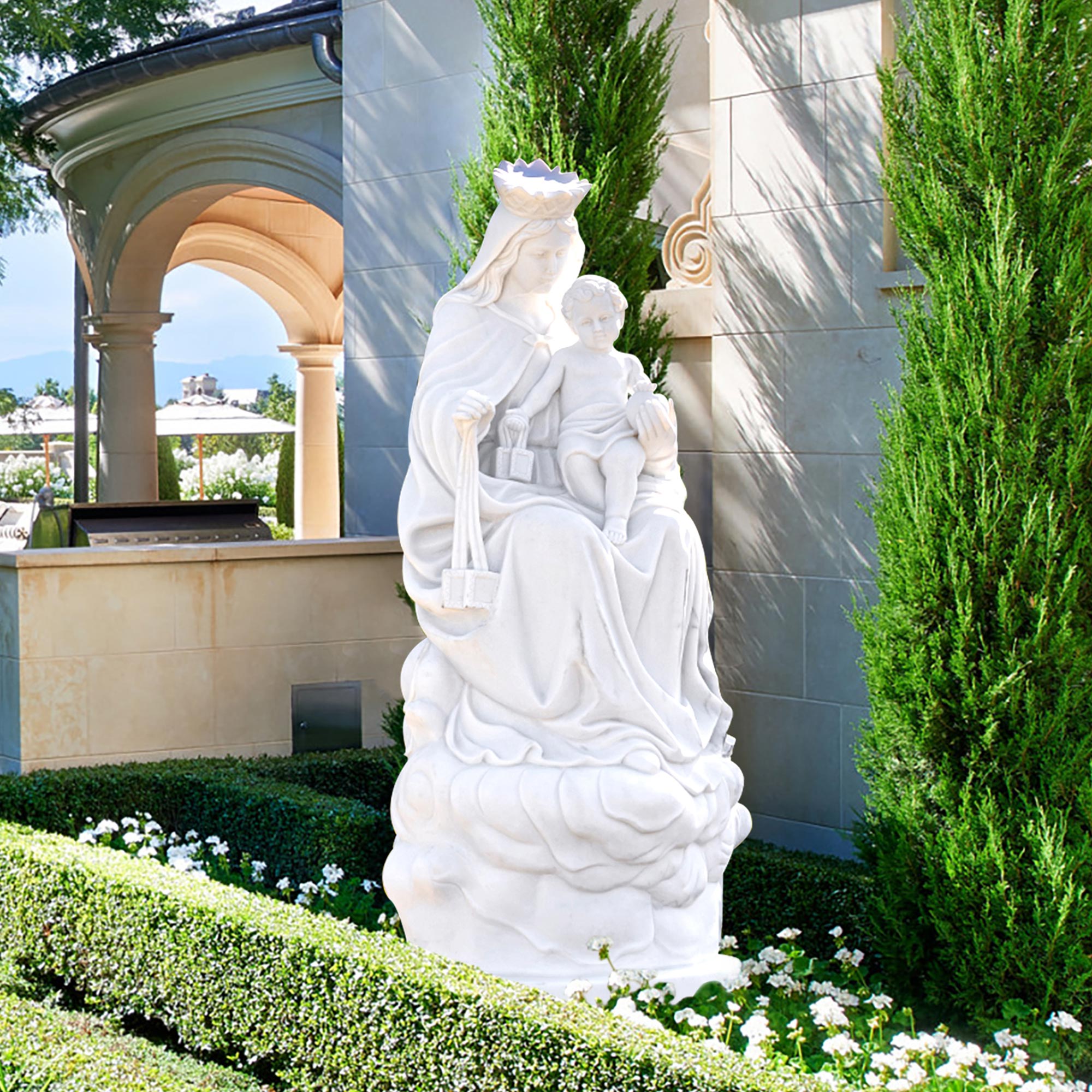 Custom Life-Size White Marble Our Lady of Mount Carmel Statue with Child Jesus