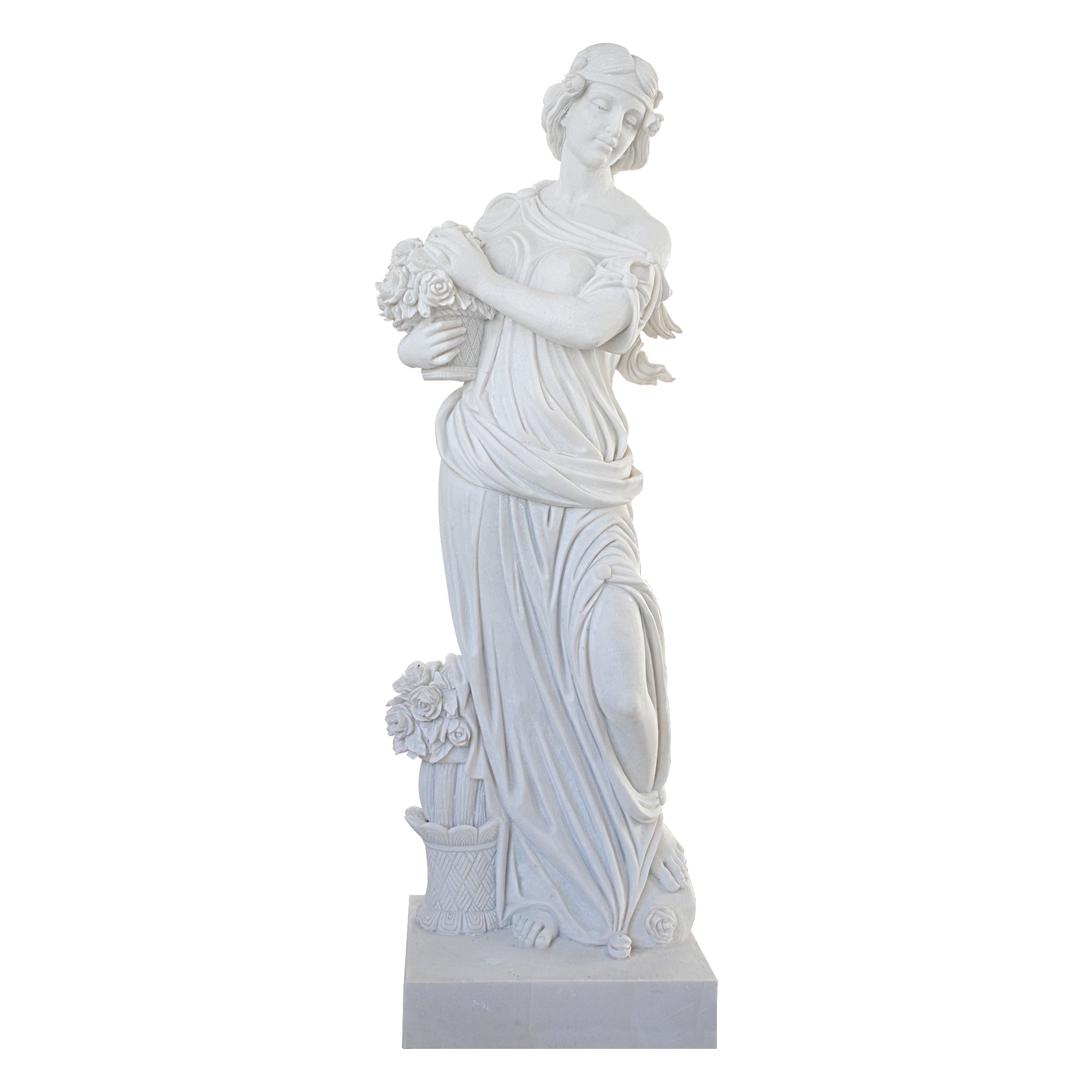 Life-size white marble classical lady statue holding flowers for garden and home décor