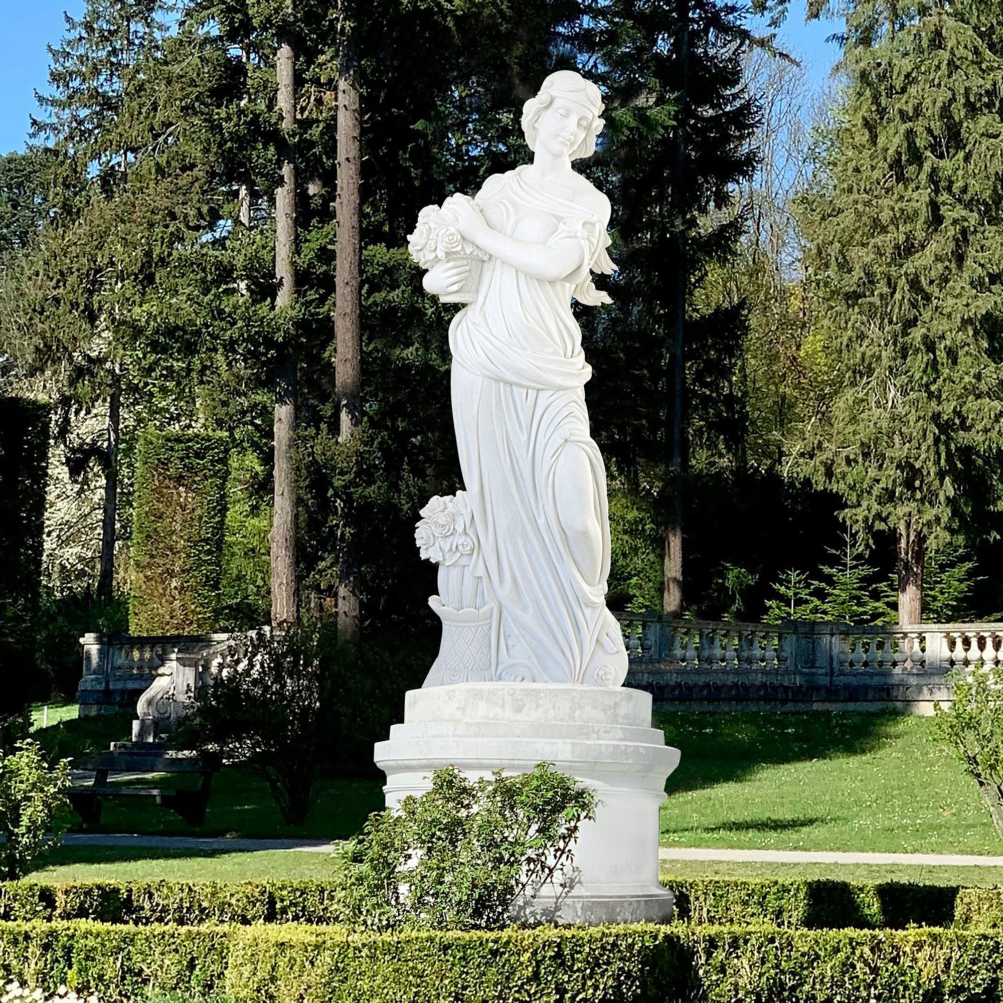 Life-size white marble classical lady statue holding flowers for garden and home décor