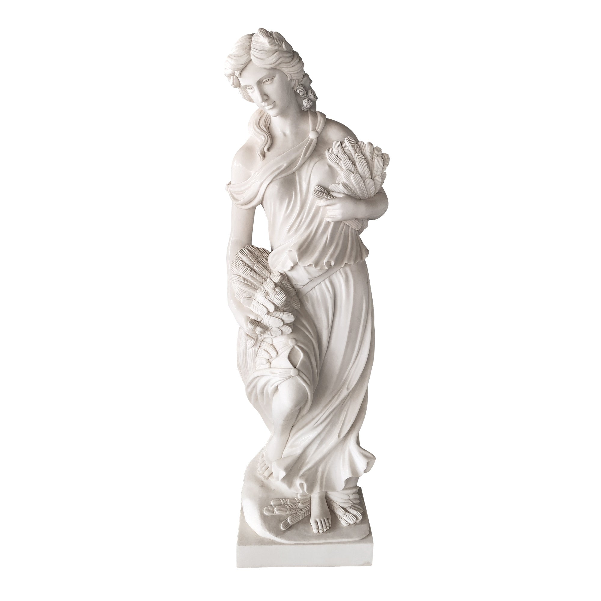Life-size natural white marble lady statue holding wheat for garden and home décor