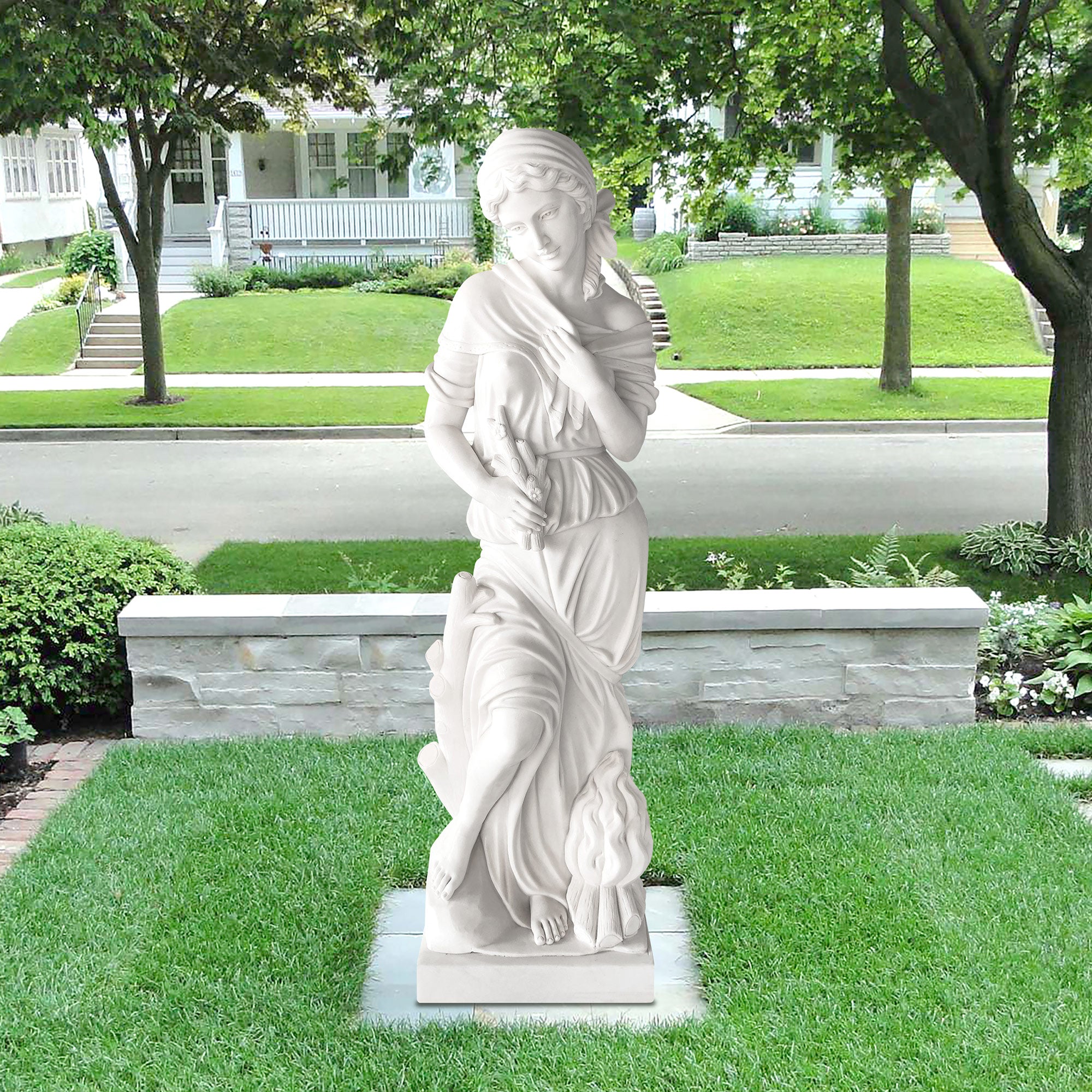 Graceful life-size white marble classical lady statue holding branches