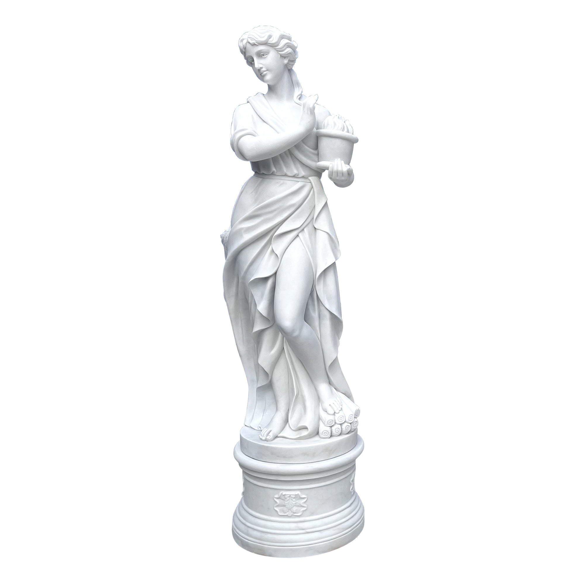 Hand-carved statuary marble Greek Winter Goddess statue from "The Four Seasons" collection, display in outdoor garden