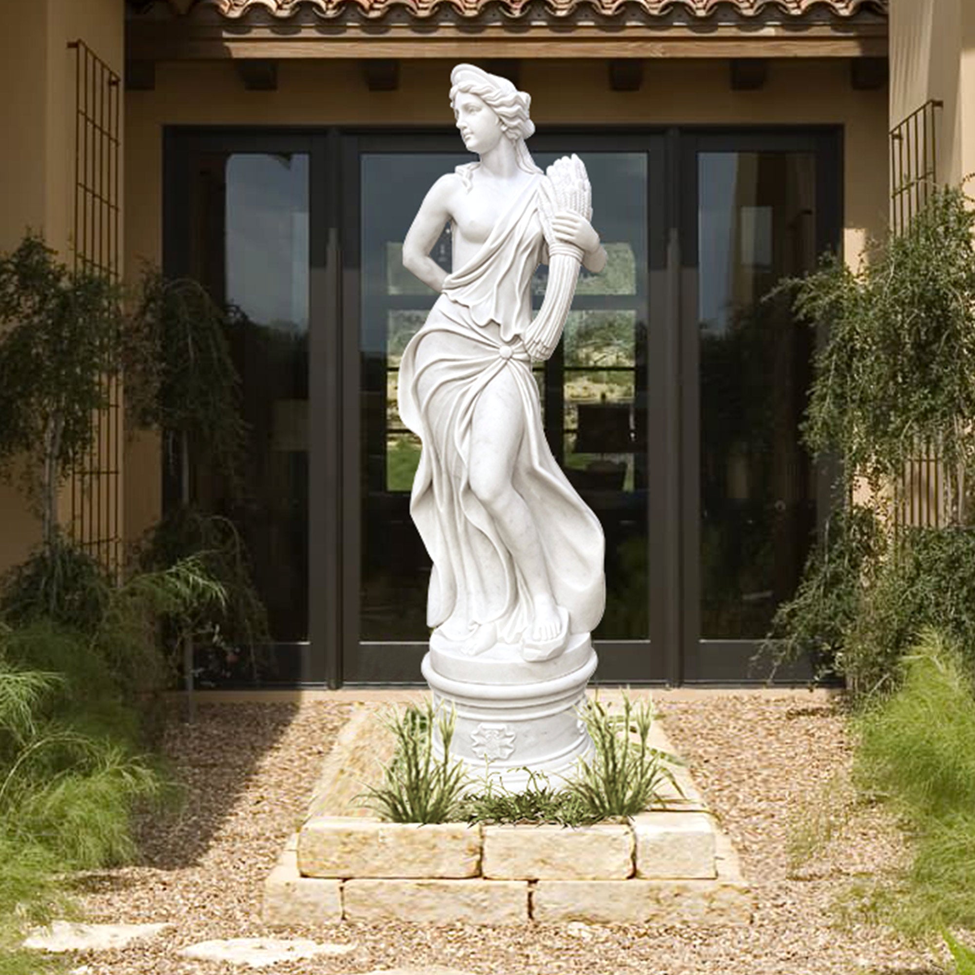 Hand-carved marble Greek Autumn Goddess statue from "The Four Seasons" collection, holding wheat to symbolize abundance and the harvest season, placing in a garden