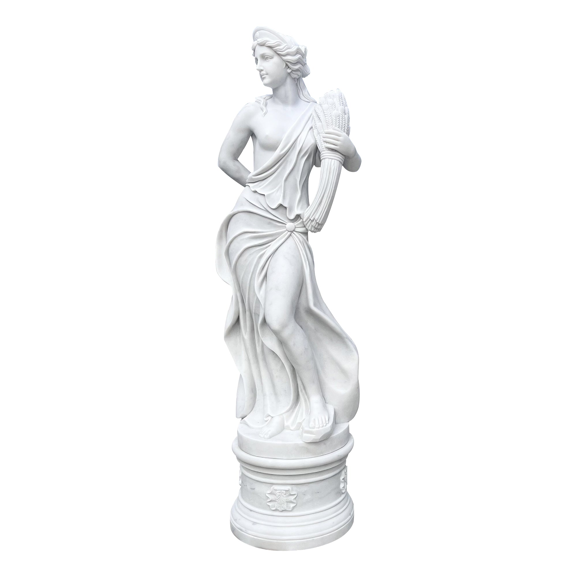 The Hand-Carved Statuary Marble Greek Autumn Goddess Statue - "The Four Seasons" Garden Statues with round base