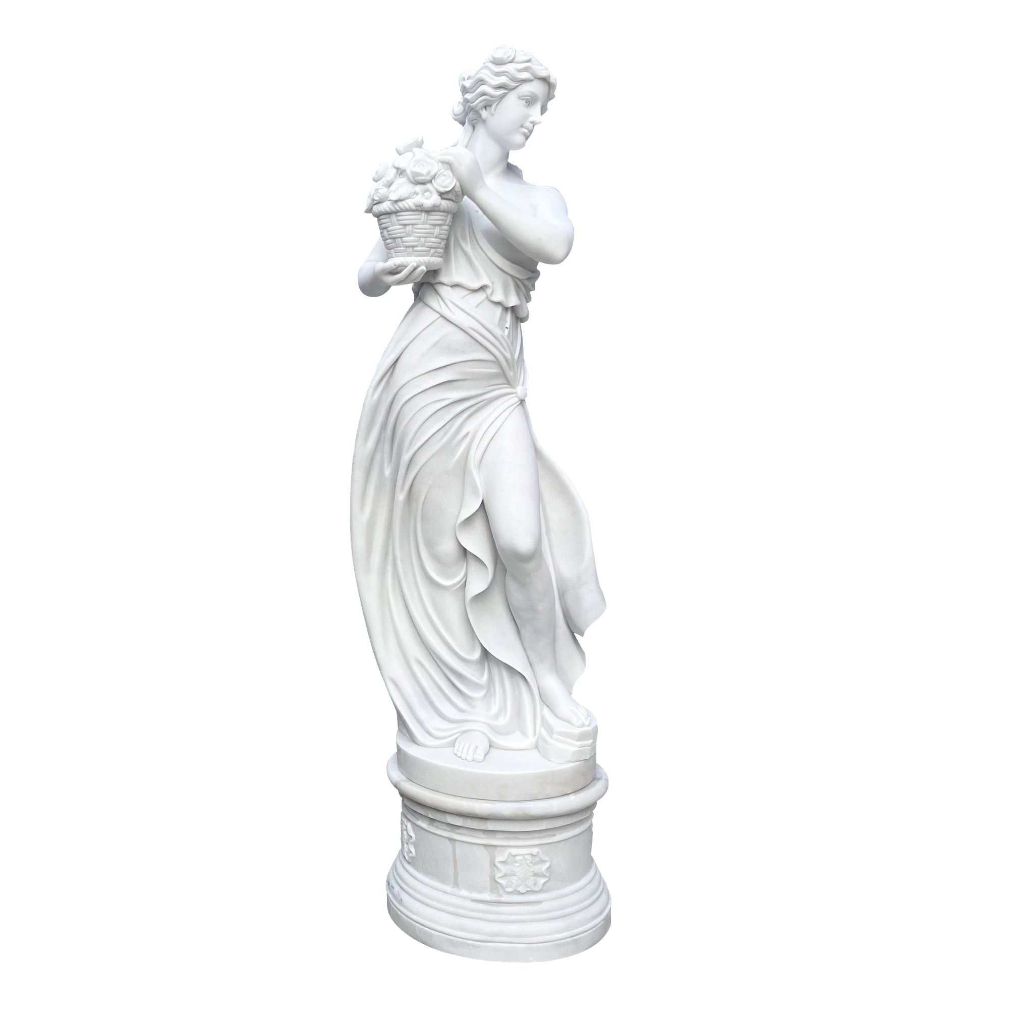 The Hand-Carved Statuary Marble Greek Autumn Goddess Statue - "The Four Seasons" Garden Statues with round base