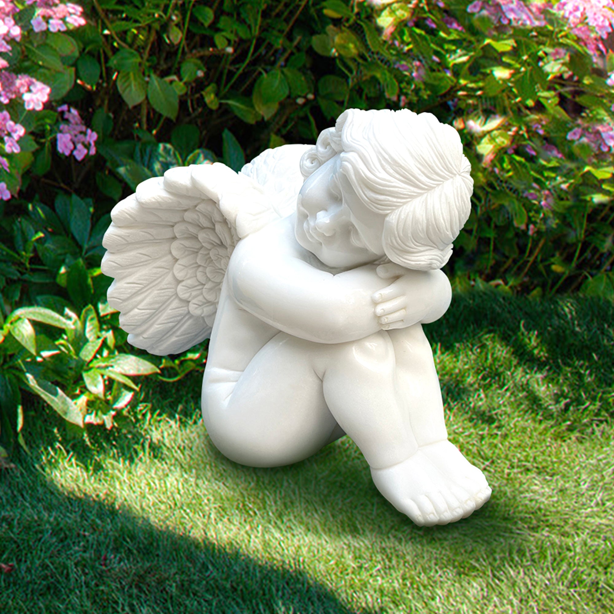 Custom size white marble Sleeping Cherub Angel statue, hand-carved with intricate wings and serene sleeping expression, display in garden