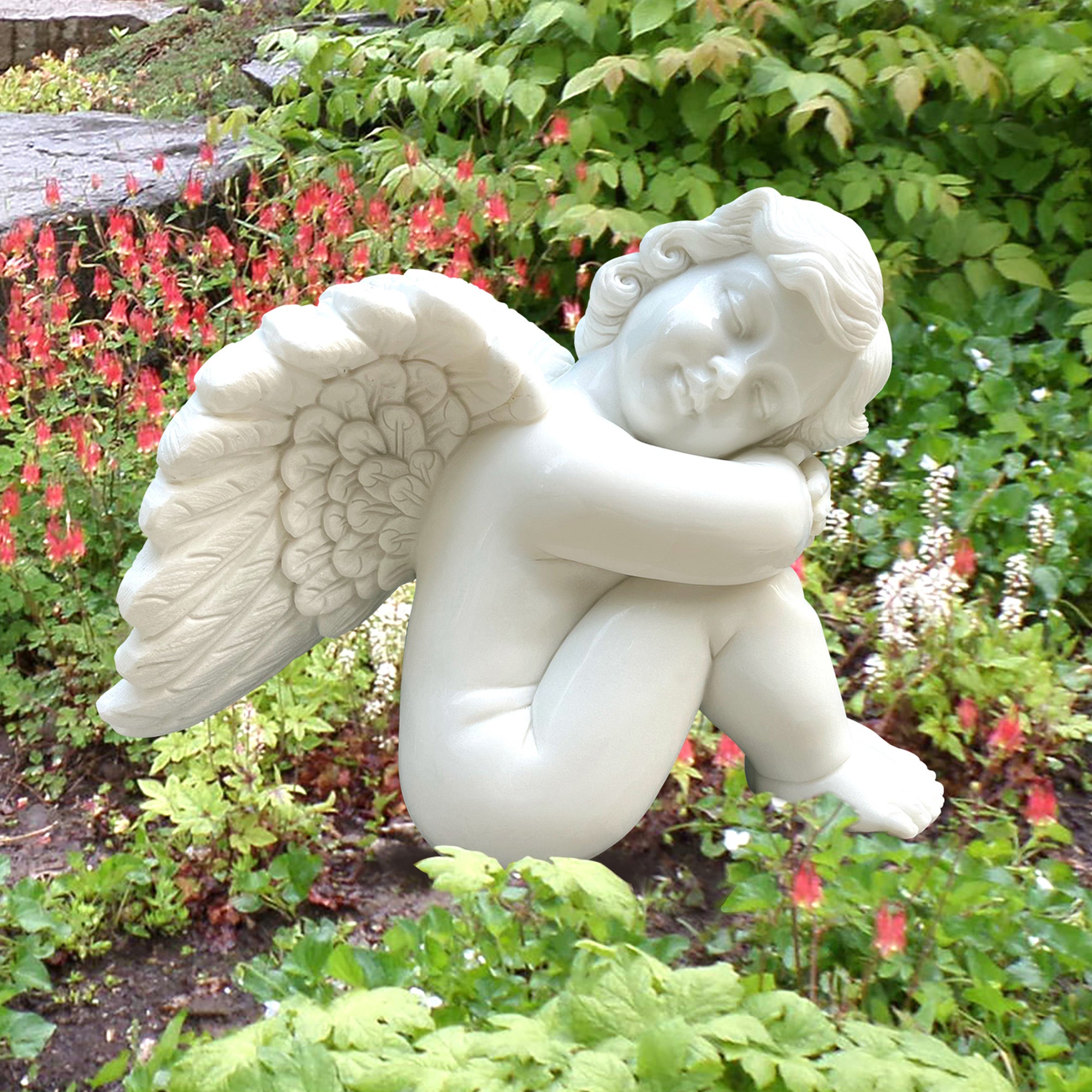 Custom size white marble Sleeping Cherub Angel statue, hand-carved with intricate wings and serene sleeping expression, display in garden