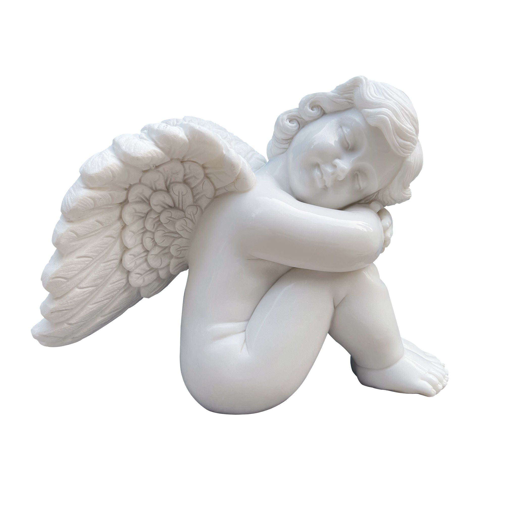 Custom size white marble Sleeping Cherub Angel statue, hand-carved with intricate wings and serene sleeping expression