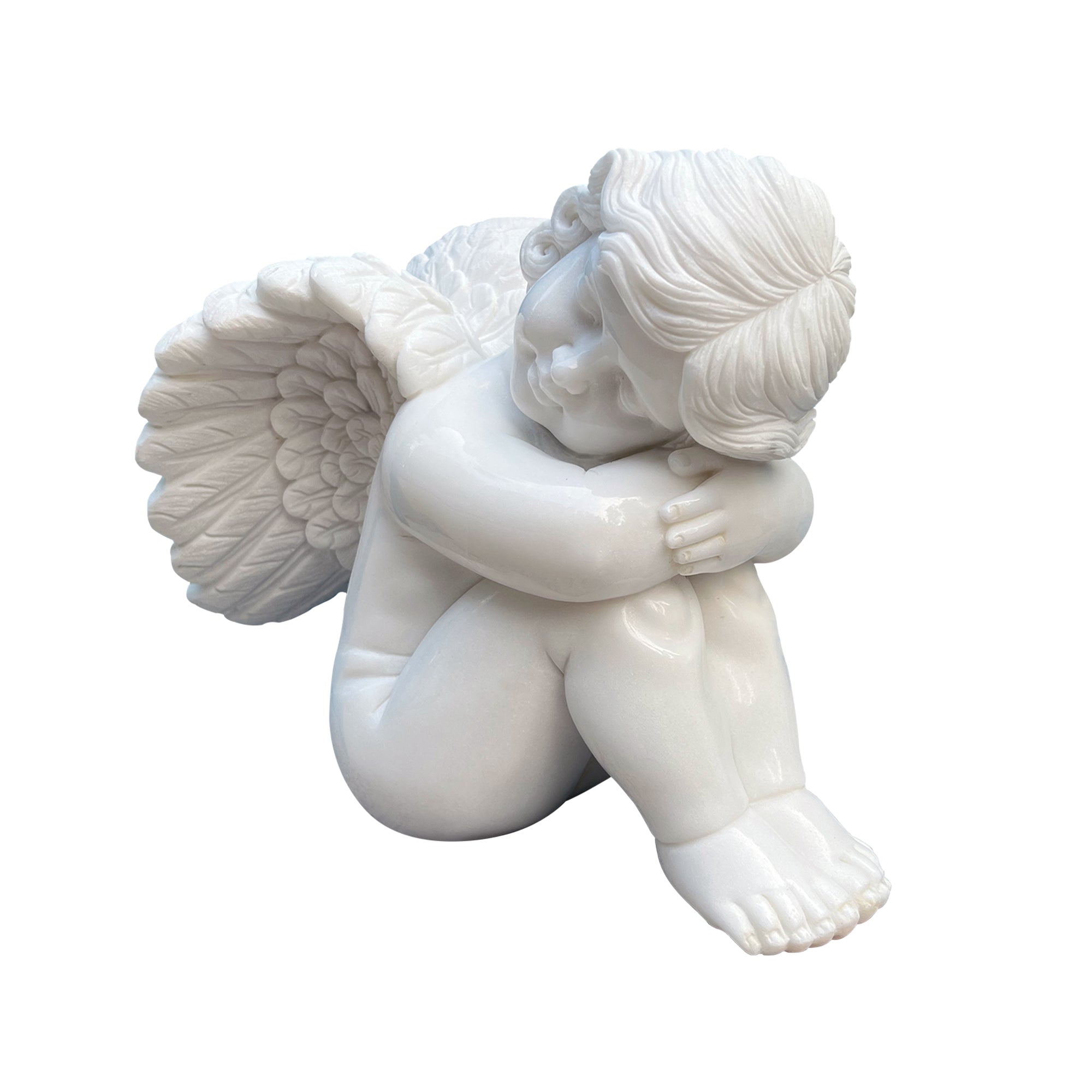 Custom size white marble Sleeping Cherub Angel statue, hand-carved with intricate wings and serene sleeping expression