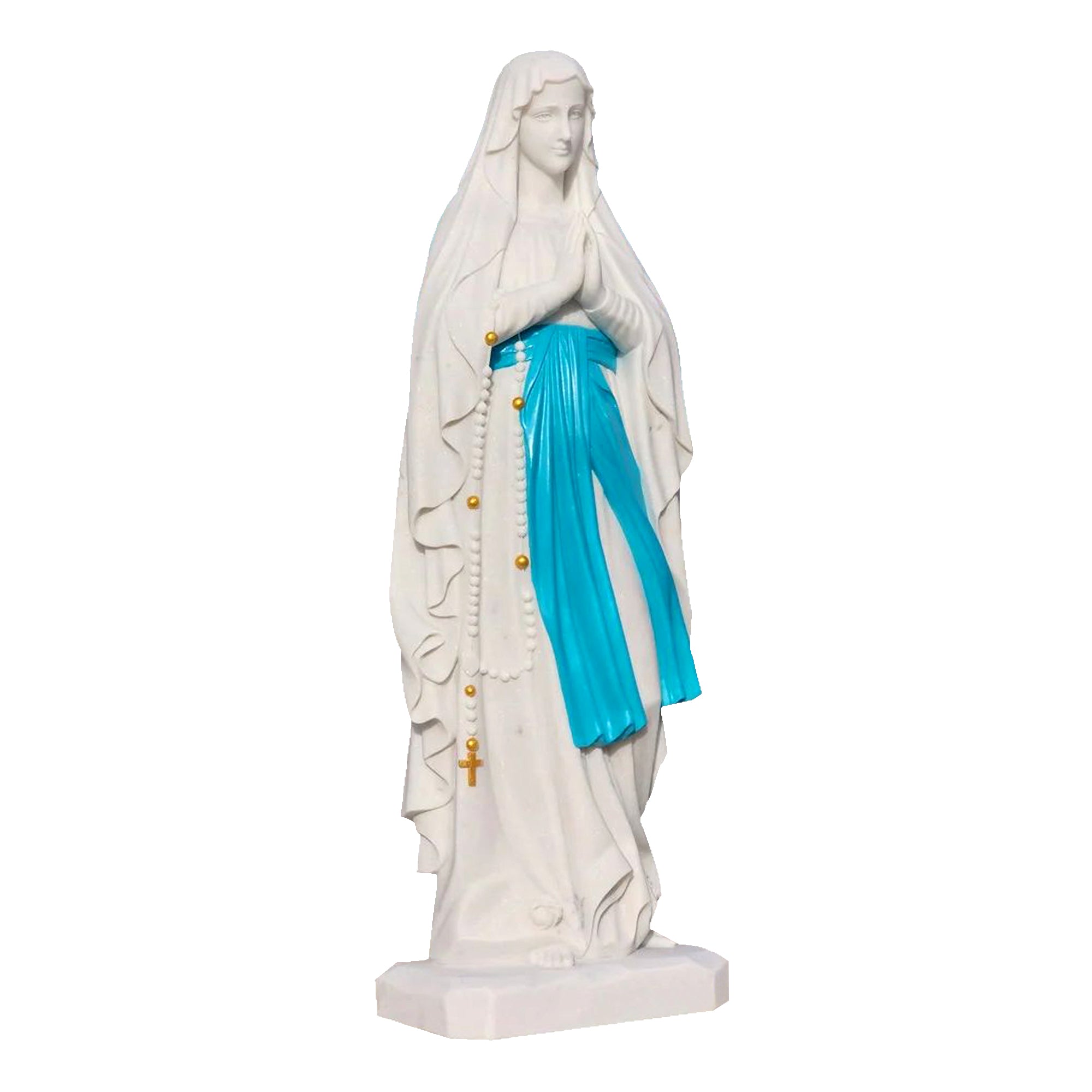 Our Lady of Lourdes white marble statue with painted blue sash