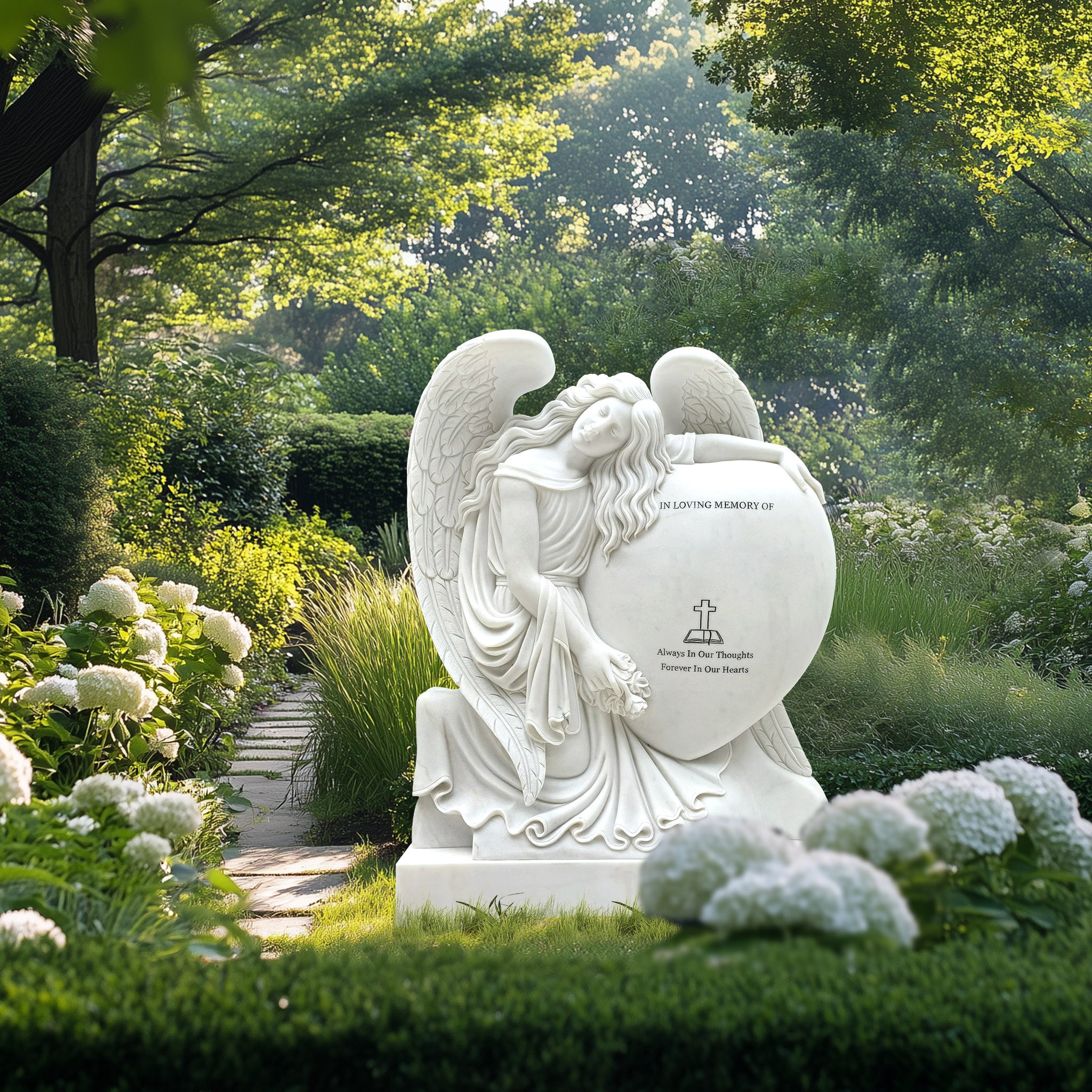Polished natural white marble kneeling angel statue resting on a heart-shaped headstone with memorial inscription.