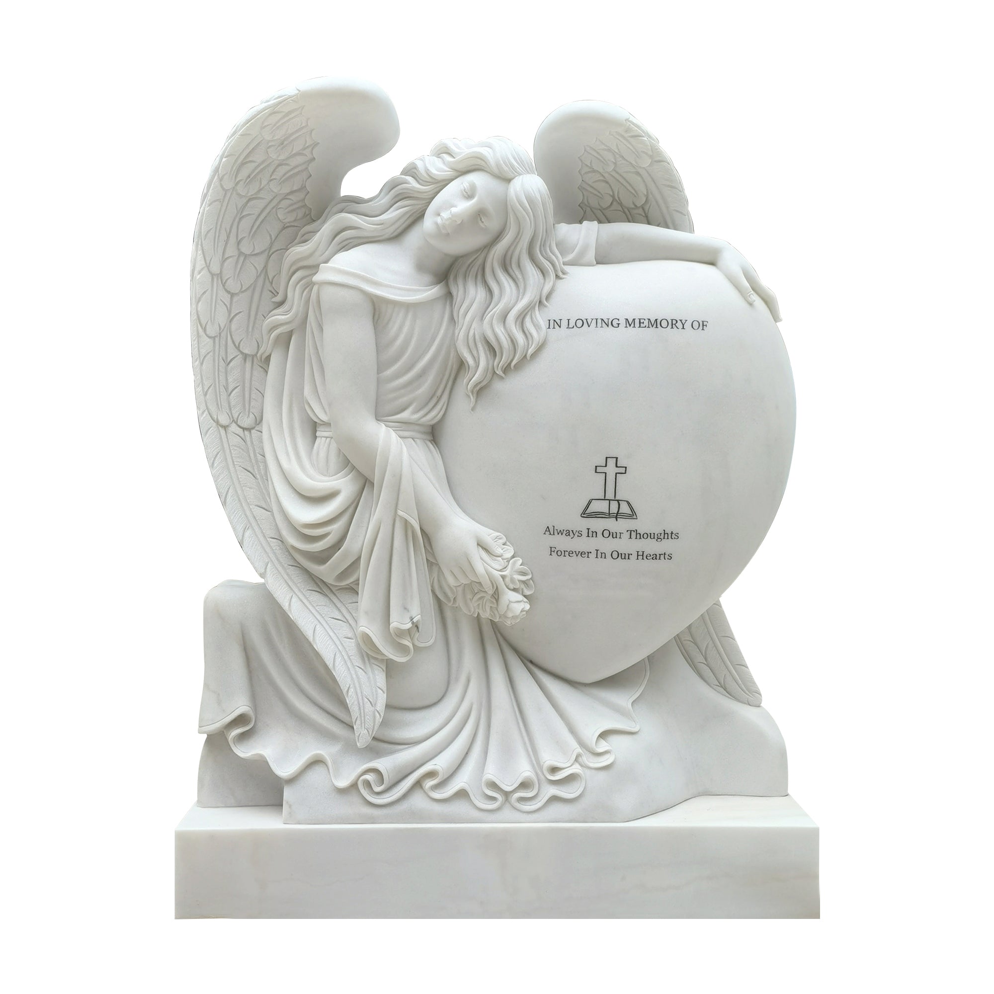 Polished natural white marble kneeling angel statue resting on a heart-shaped headstone with memorial inscription.