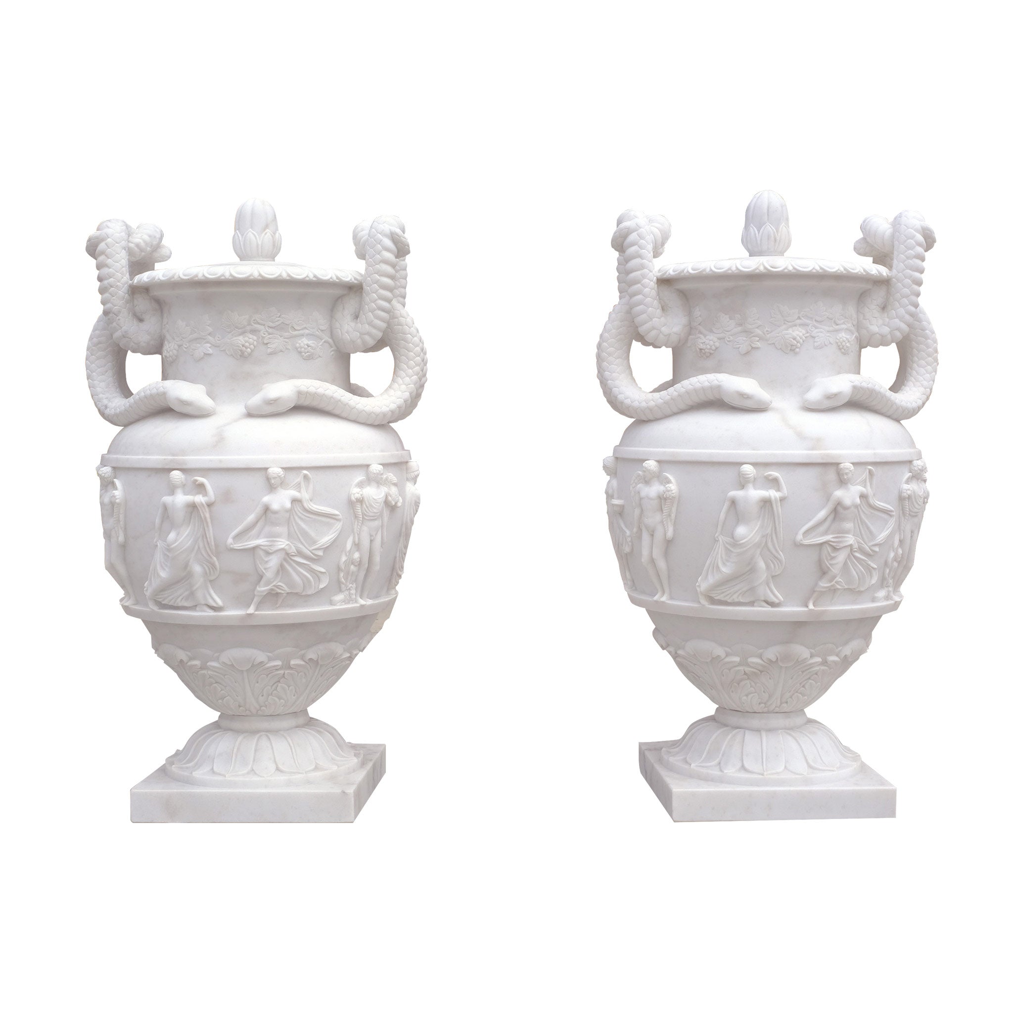 White marble vase inspired by Dionysus mythology, adorned with dancing maenads