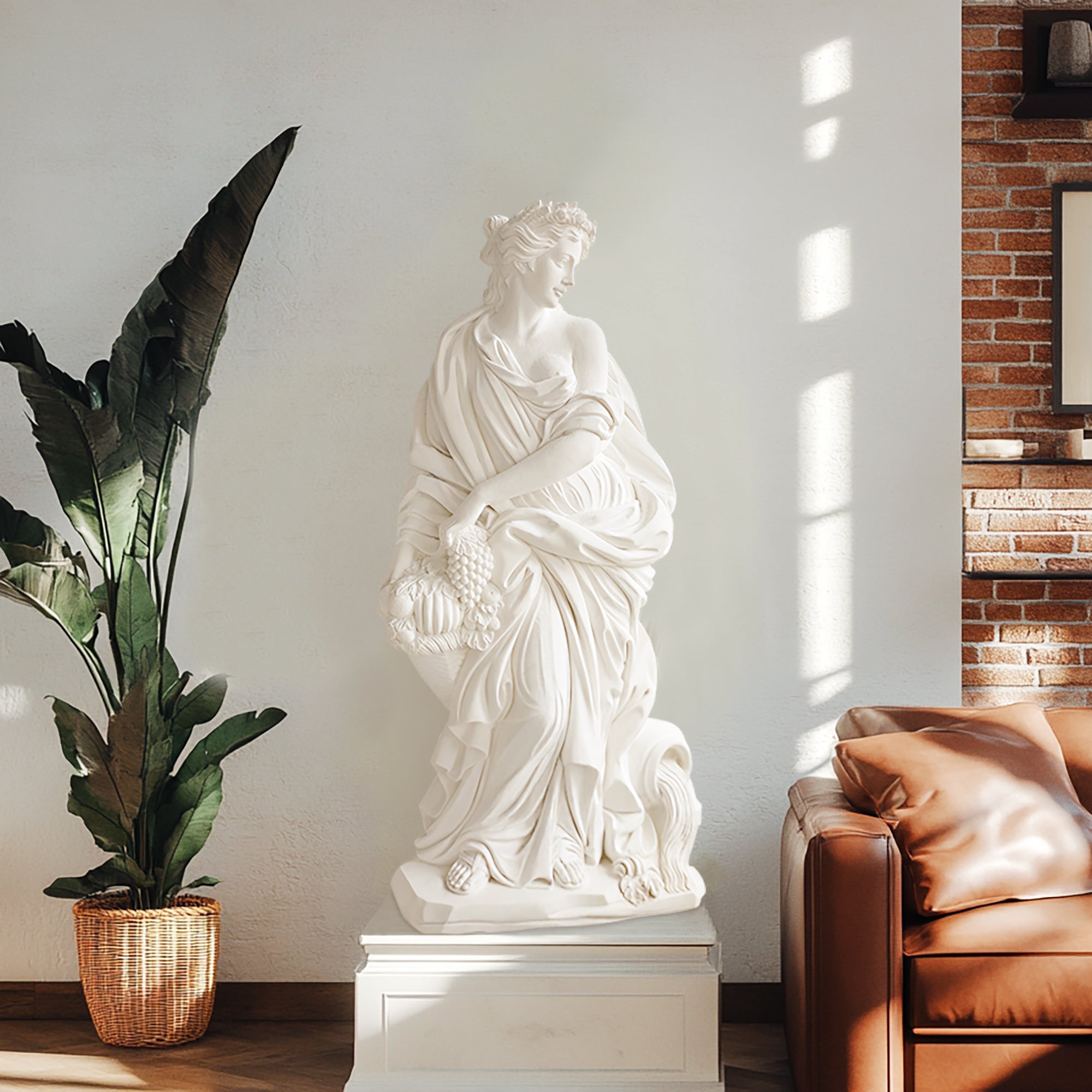 White marble statue of the Abundance from Rome’s Trevi Fountain, holding a cornucopia overflowing with fruits