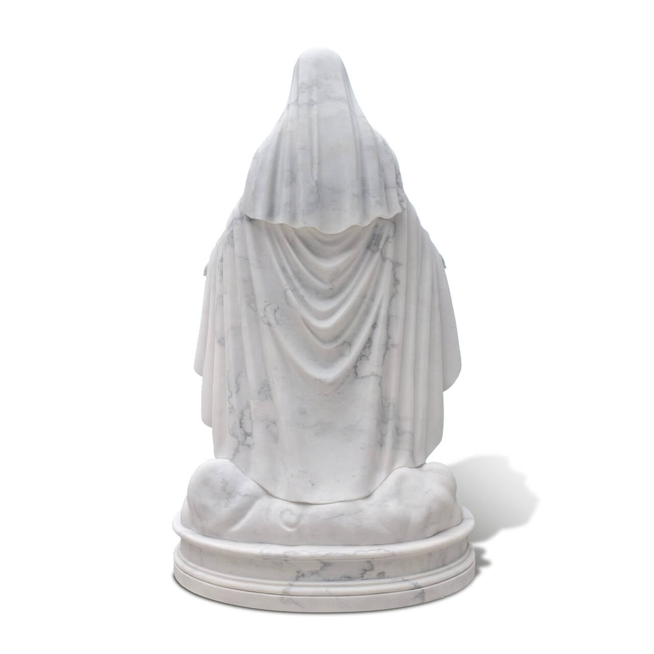 Rear view of marble Virgin Mary statue displaying the veil and back of the robe