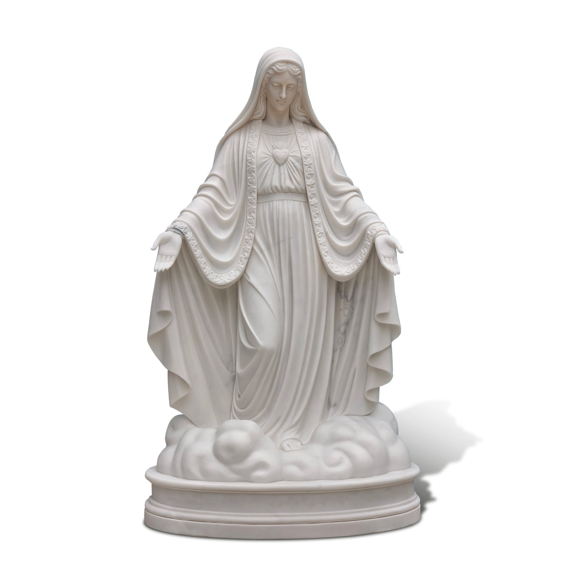 marble Virgin Mary statue on white background, showing open hands and detailed robe