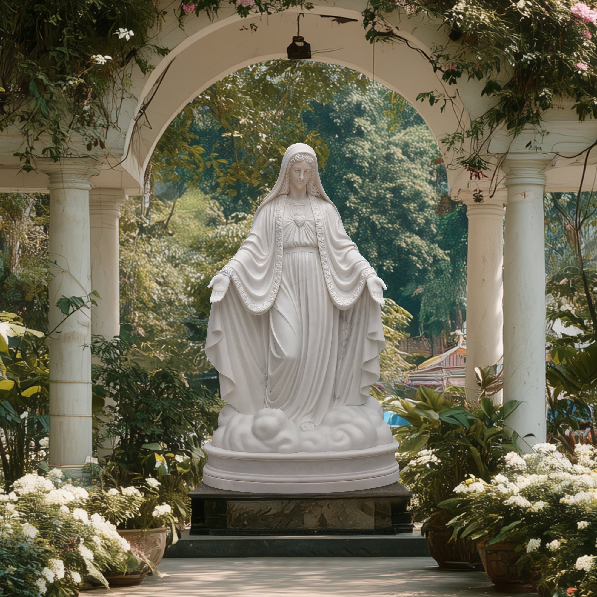 Marble Virgin Mary statue displayed in a garden with floral surroundings