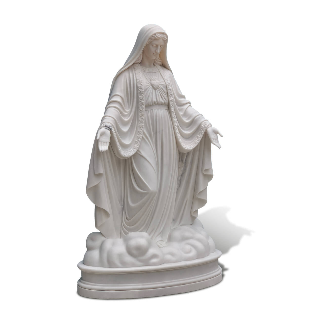 marble Virgin Mary statue highlighting the flowing drapery and gentle posture