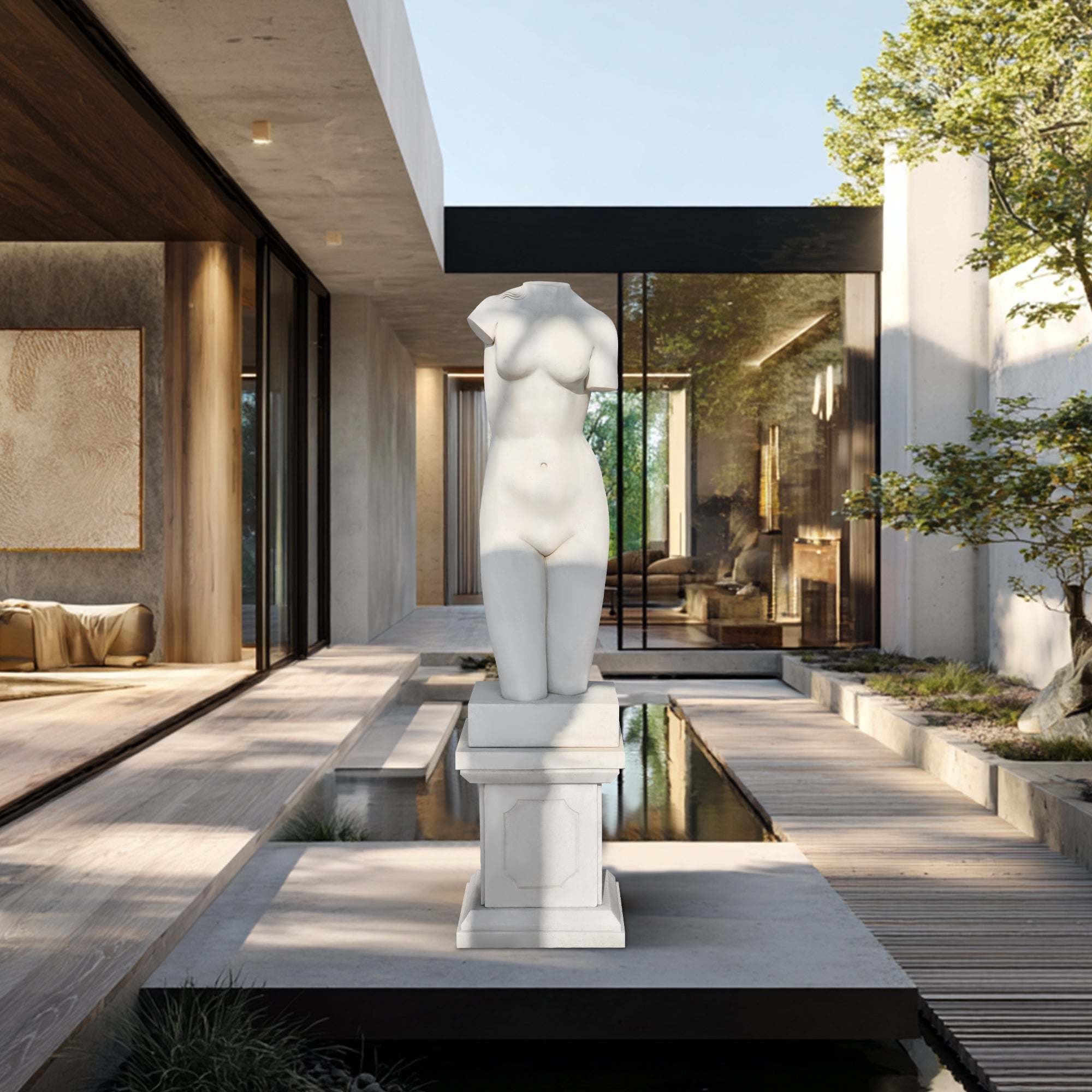 Marble female torso sculpture displayed in private luxury villa garden, elegant outdoor art decor