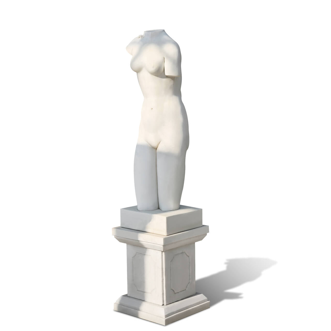 Luxury marble female torso sculpture side profile on white backdrop, minimalist modern art figure for interior display