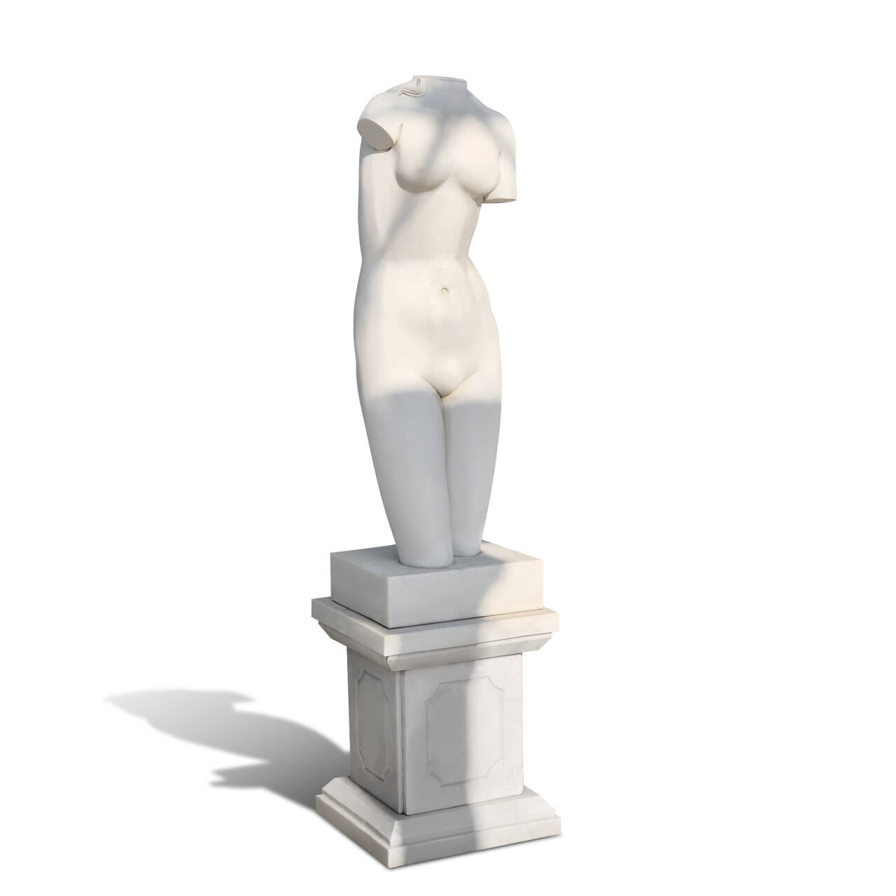 Marble female torso sculpture side view on white background, elegant minimalist art statue